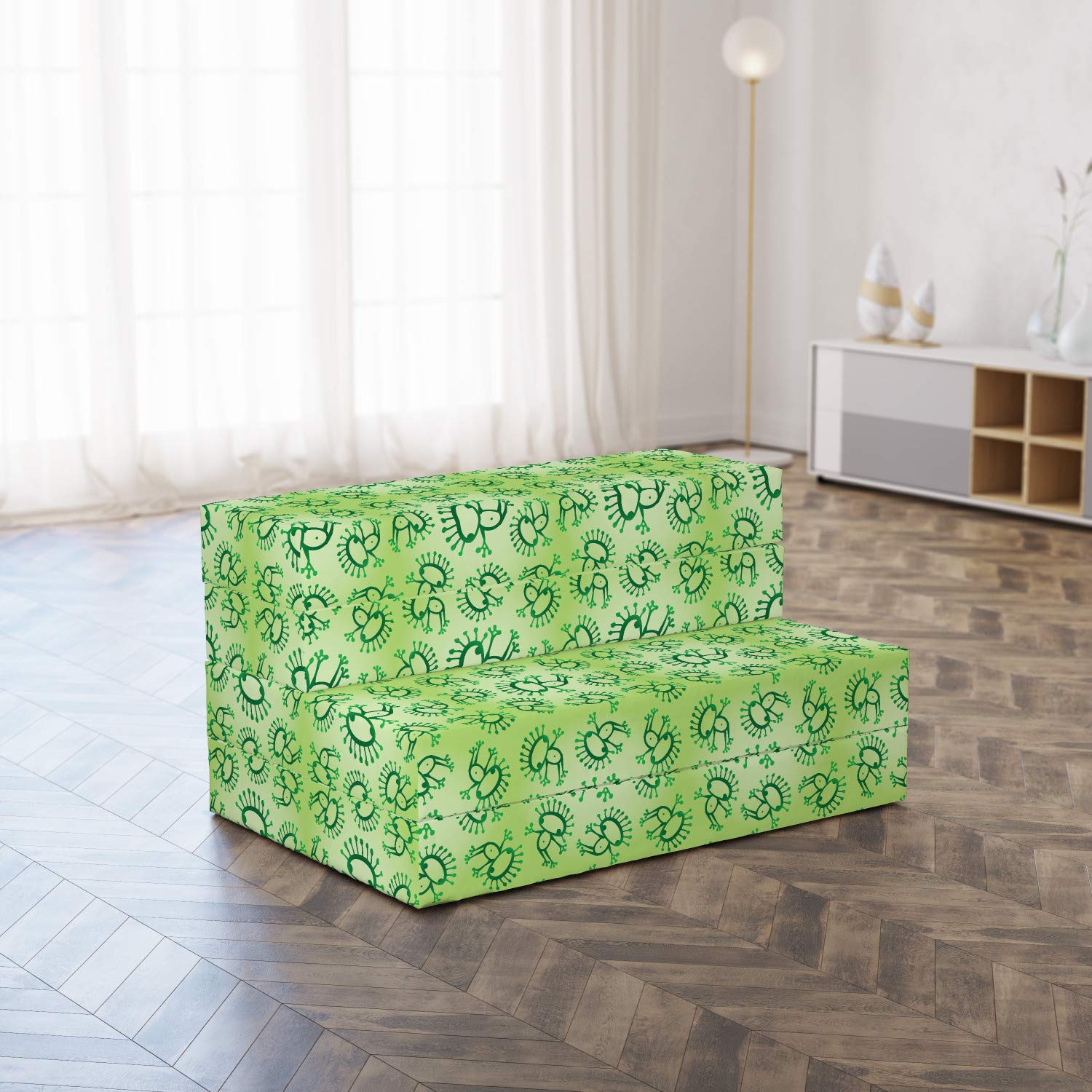 Ambesonne Green Foldable Mattress - Doodle Style Alien Frogs Design, 74.8