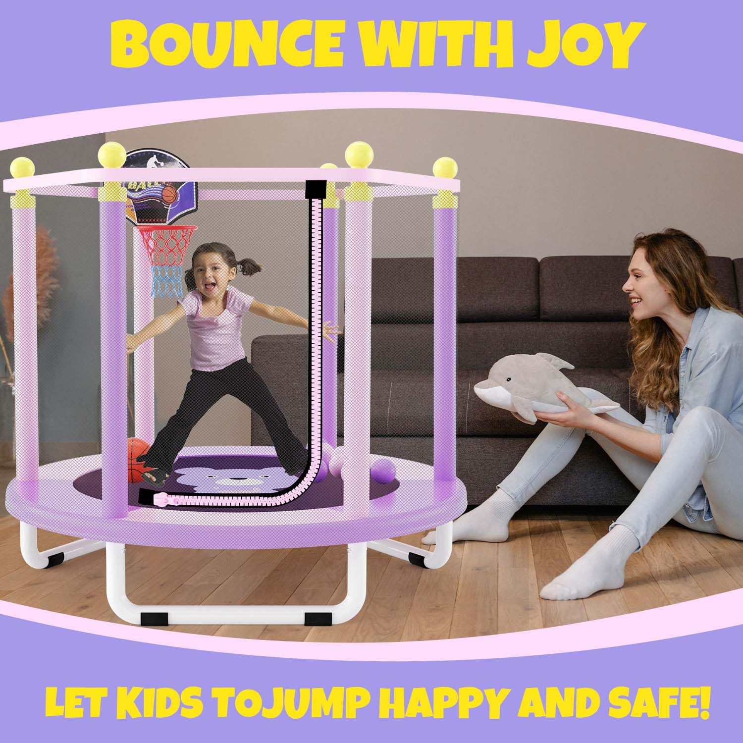 **5FT Kids Trampoline with Safety Enclosure Net & Basketball Hoop - Indoor/Outdoor Mini Trampoline Toy for Toddlers - Perfect Birthday Gift for Active Play, Backyard Fun & Exercise**