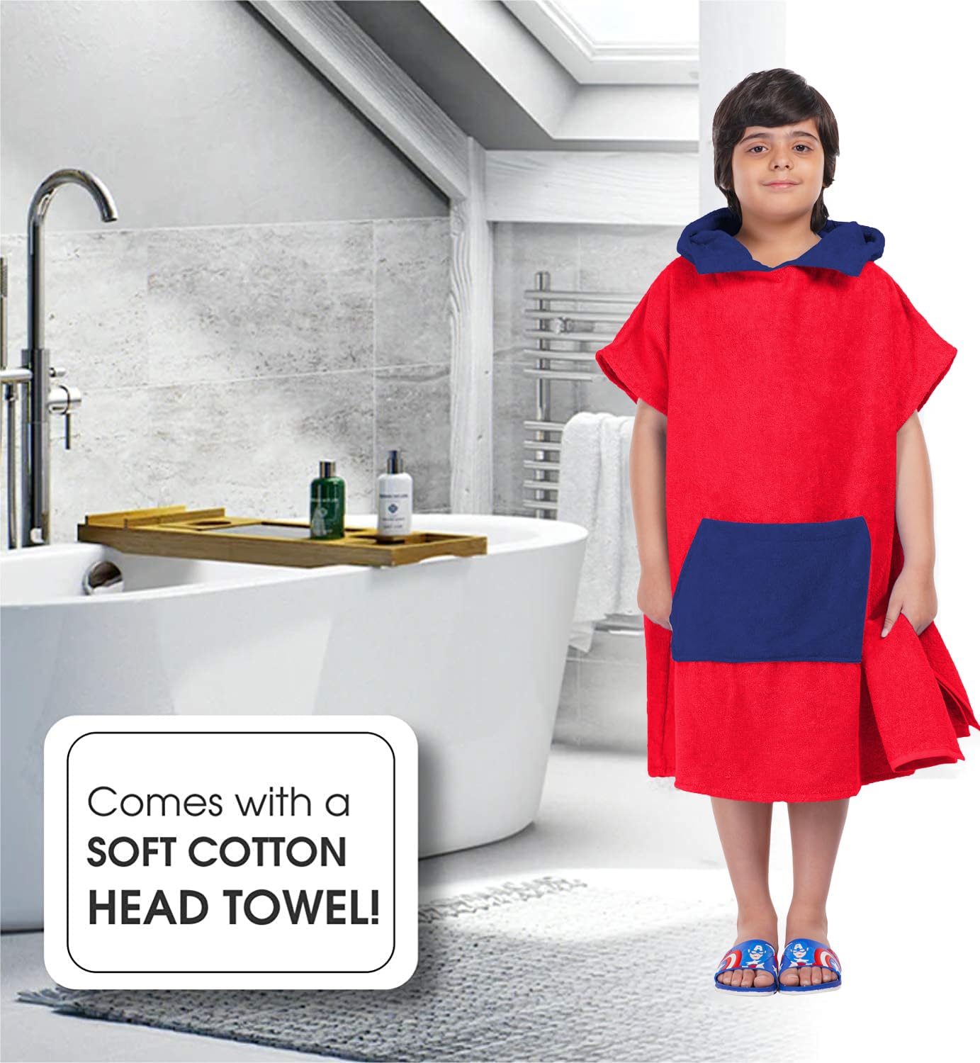 ALLEN & MATE Kids Swim Changing Robe - Quick Dry 100% Terry Cotton Beach Poncho Towel with Hood & Pocket for Boys & Girls - Perfect for Pool, Beach & Swimming Lessons