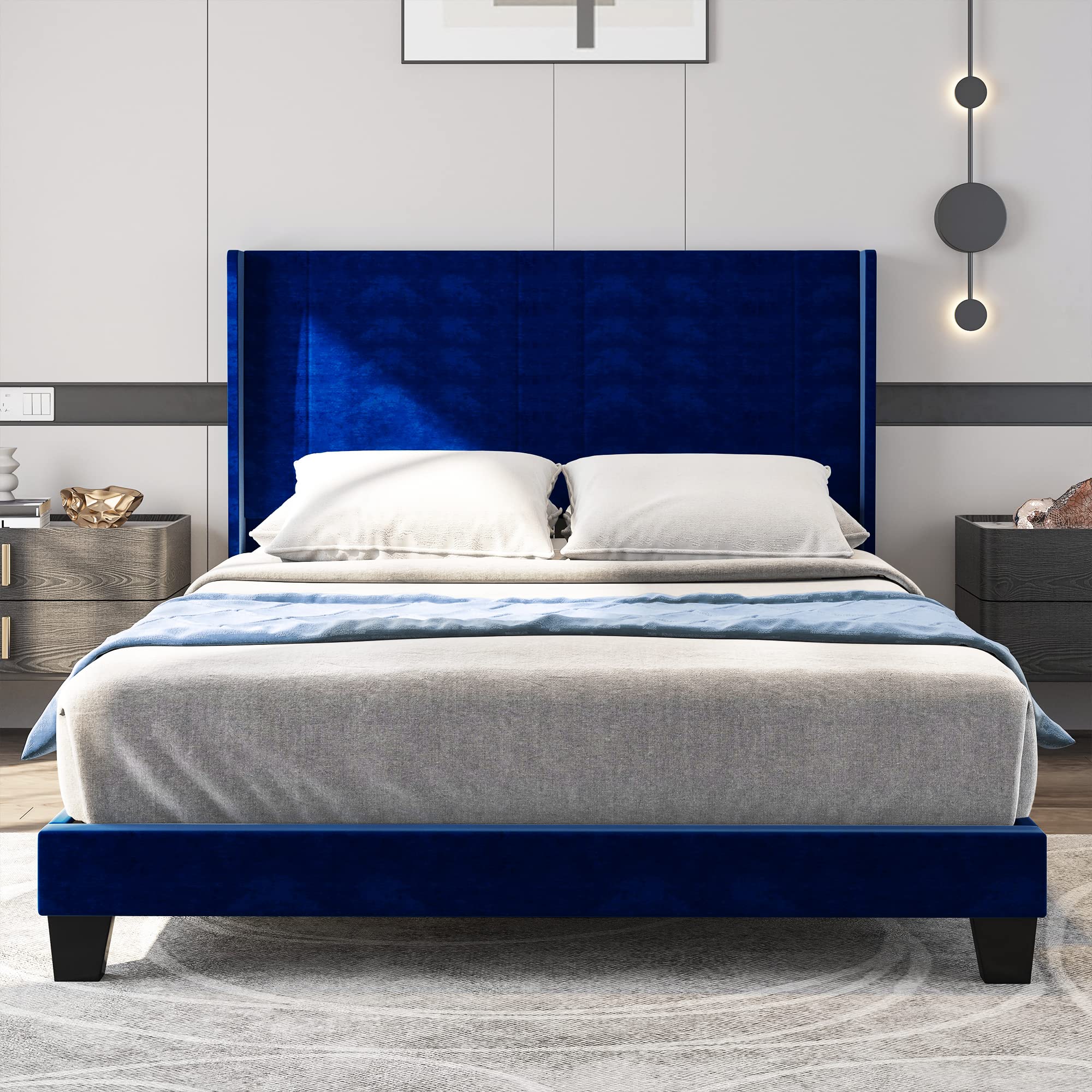 YITAHOME Full Size Upholstered Wingback Platform Bed Frame with Navy Blue Velvet Headboard - No Box Spring Needed, Wood Slat Support - Perfect for Modern Bedrooms, Guest Rooms & Master Suites