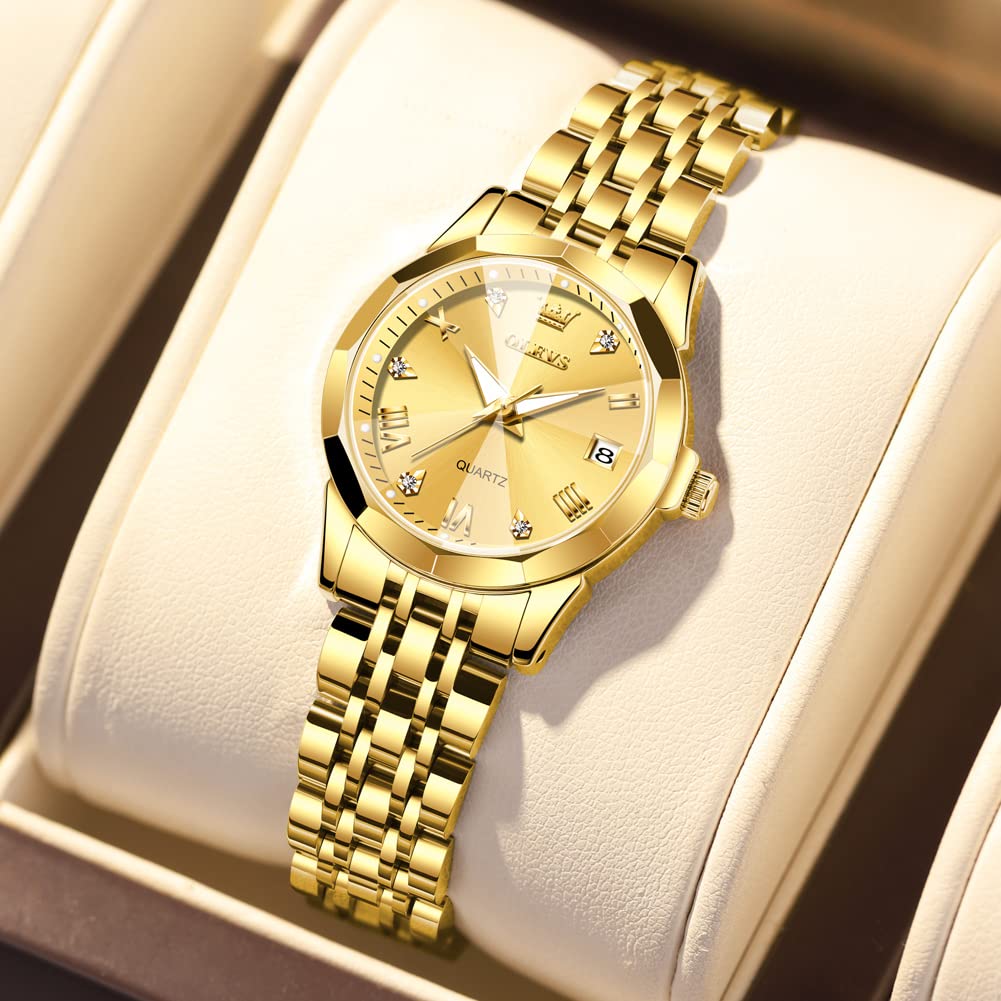OLEVS Women's Gold Stainless Steel Waterproof Analog Watch with Date & Day - Small Face Quartz Ladies Watch - Fashion Gold, Black & White Dials - Perfect for Office, Party & Everyday Wear