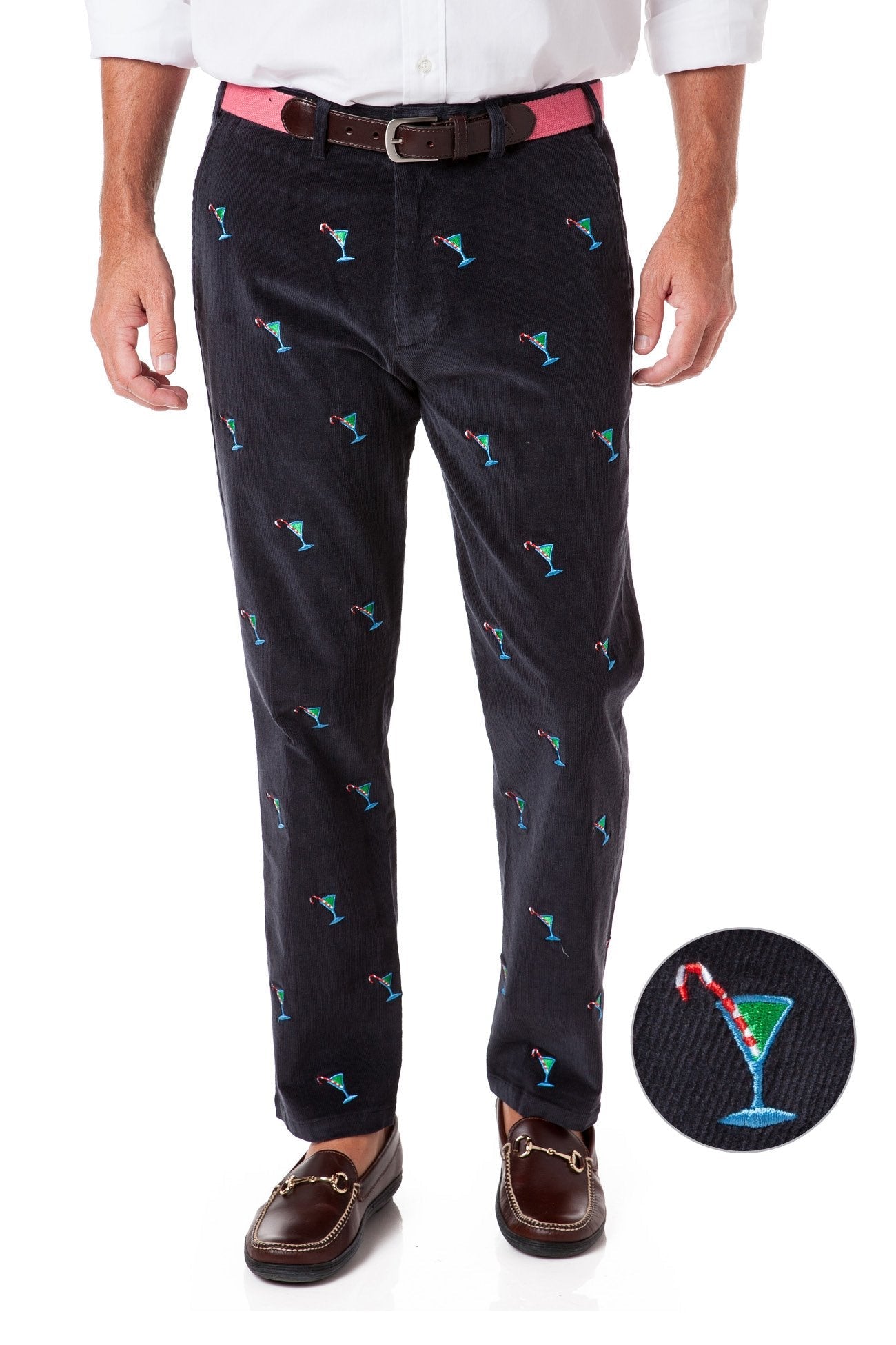 Beachcomber Corduroy Pants for Men - Nantucket Navy with Martini Candy Cane Stripe | Comfortable Casual Wear for Beach, Office & Holiday Parties