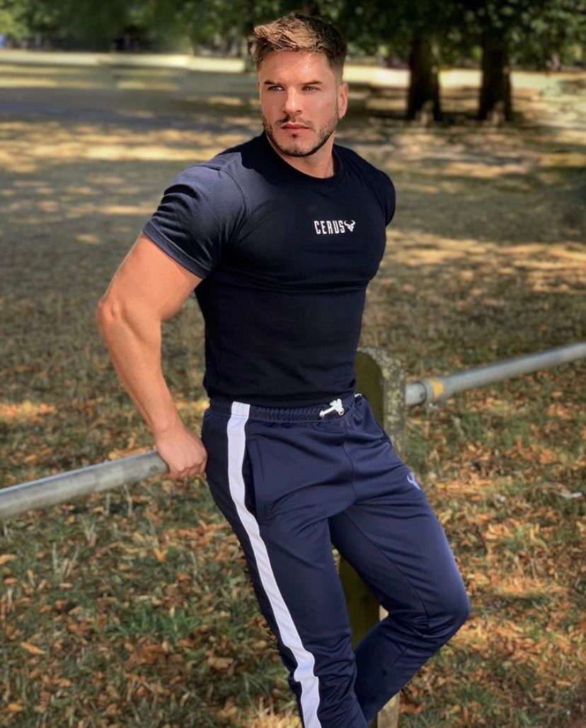 Cerus Navy Muscle Fit T-Shirt for Men - Slim Fit Cotton Tee with White Small Print Logo - Gym, Workout, Casual Wear