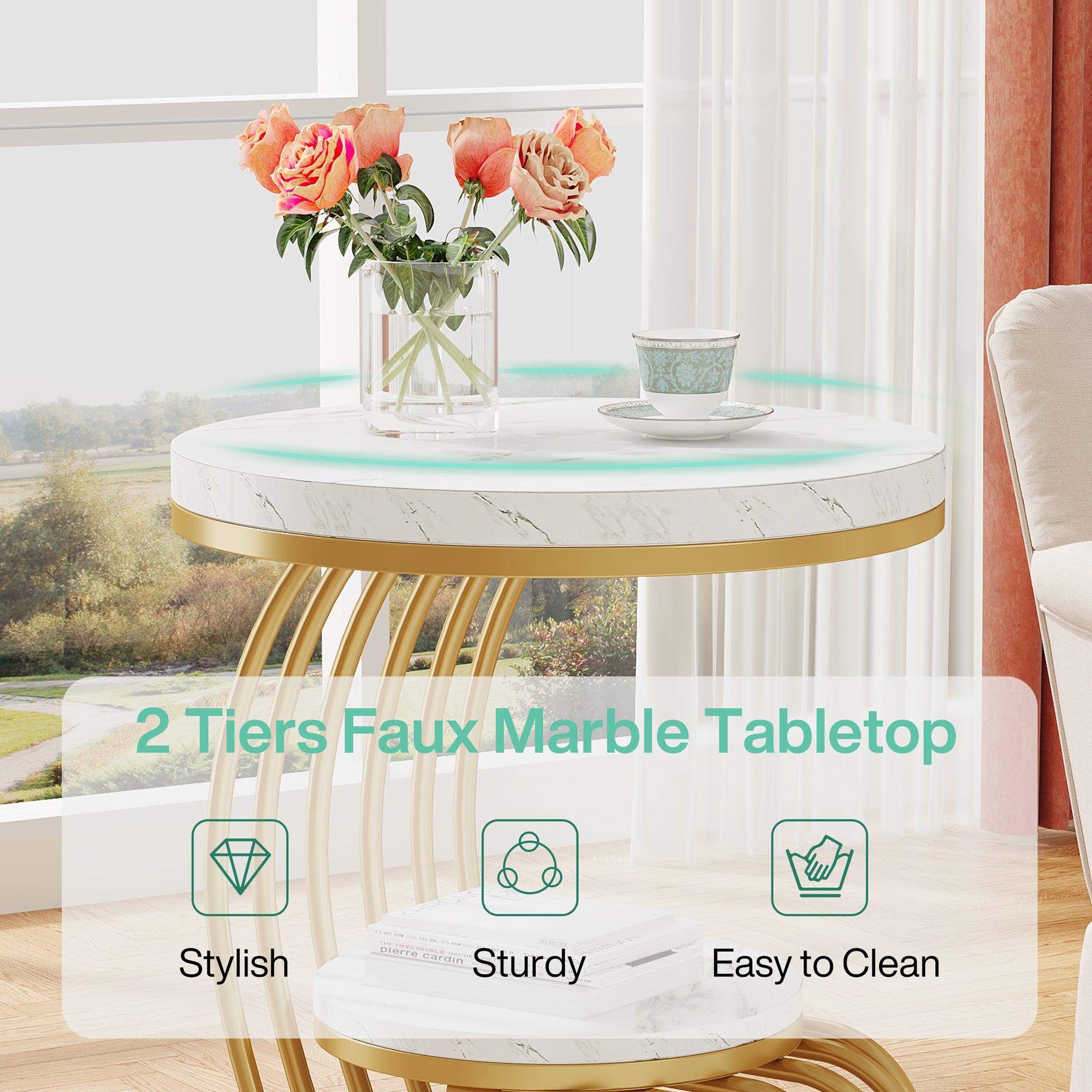 Round End Table with Storage Shelf - 2-Tier Faux Marble Side Table for Living Room, Bedroom & Office - Modern Accent Table with Sturdy Metal Frame for Home Decor