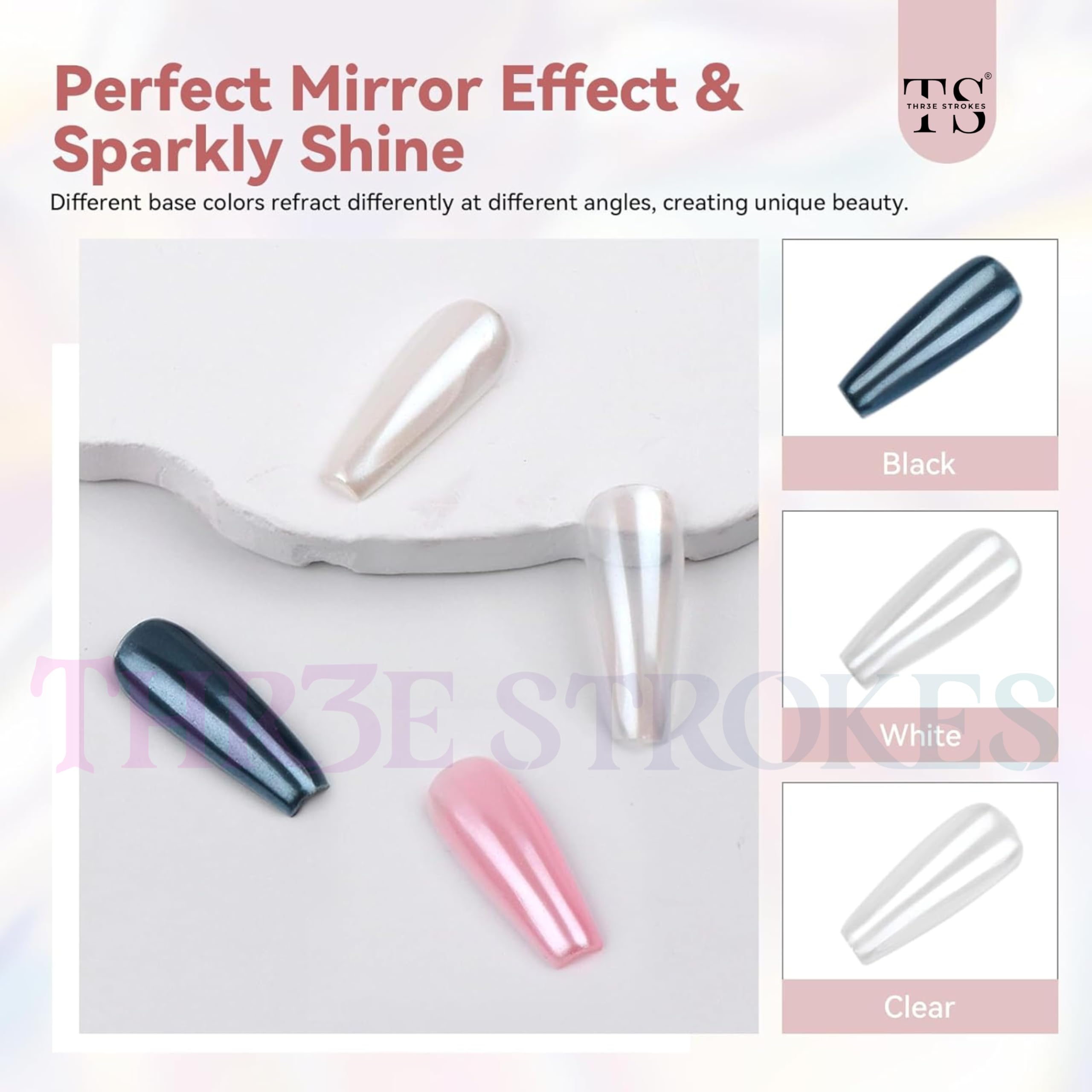 THR3E STROKES White Pearl Chrome Nail Powder - 1g Mirror Effect Metallic Nail Art Powder for Gel Polish, Mermaid Chrome Glitter Dust Kit (WHITE PEARL) | Perfect for Salon Manicures, DIY Nail Art & Special Occasion Nail Designs