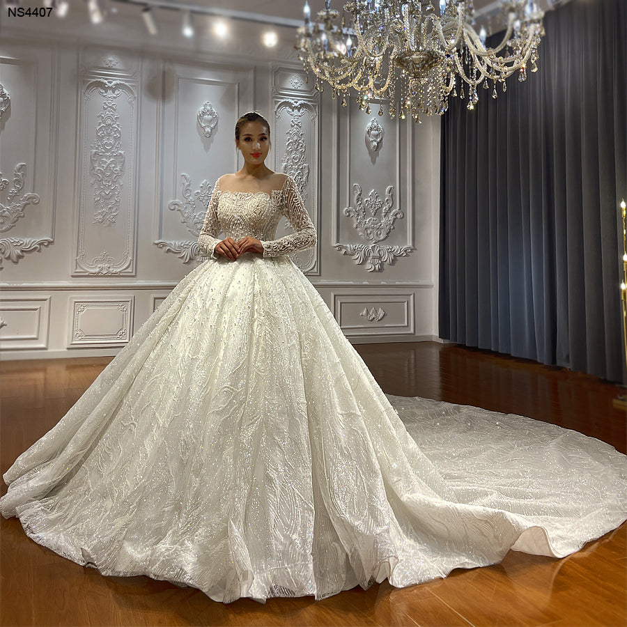 Elegant NS4407 Lace Appliqued Beaded Long Sleeves Wedding Dress for Bridal Ceremony & Formal Events