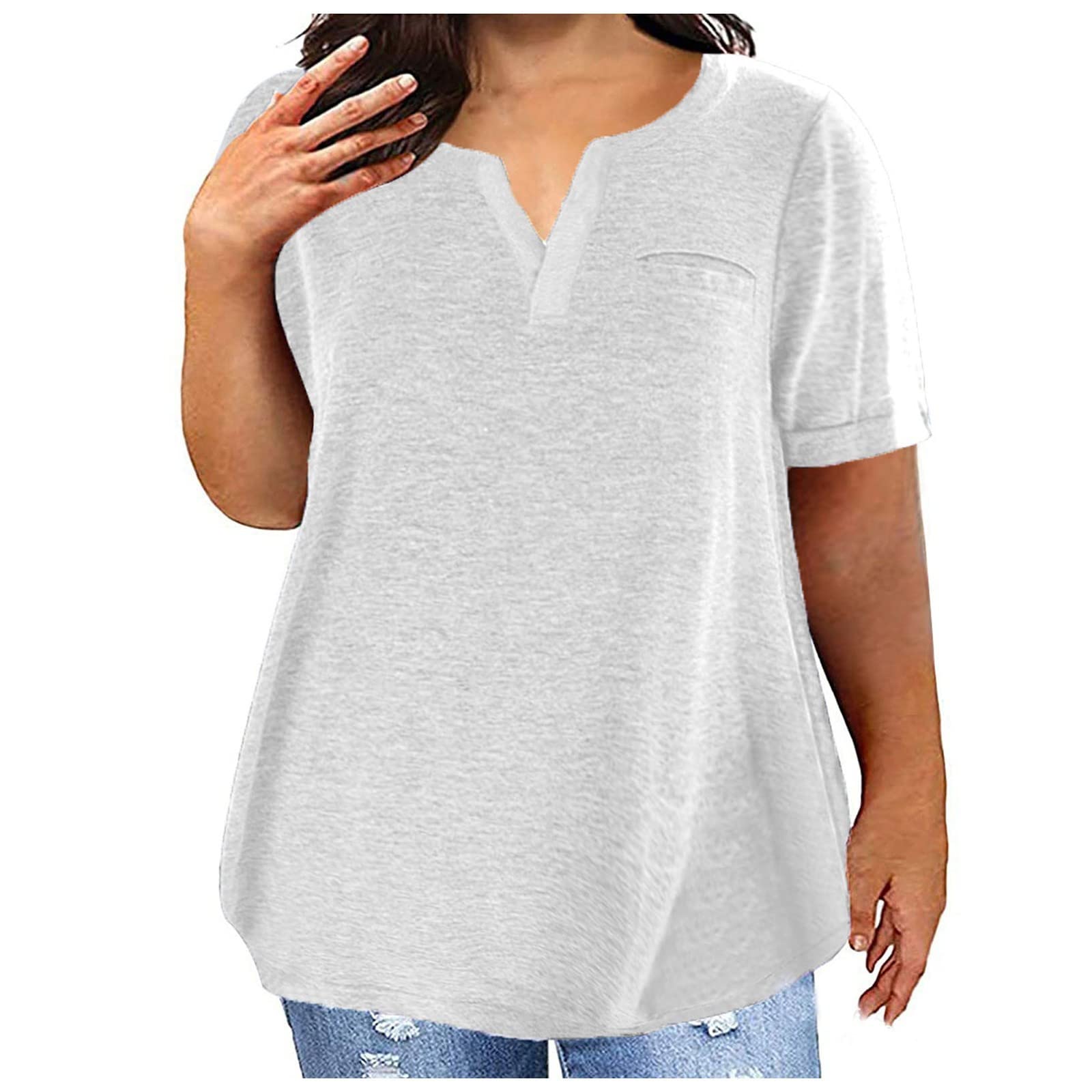 Plus Size Women's V-Neck Tunic Tops - Casual Loose Fit Blouses, Solid Color Short Sleeve Summer Shirts for Work & Vacation | Flattering Office Wear & Beach Cover-Up