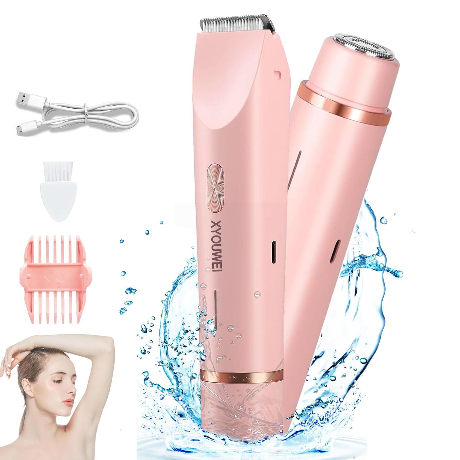Women's Electric Shaver & Bikini Trimmer 2-in-1 - USB Rechargeable Body Hair Trimmer for Face, Legs, Underarms & Bikini Line - Smooth Skin for Everyday Grooming & Travel