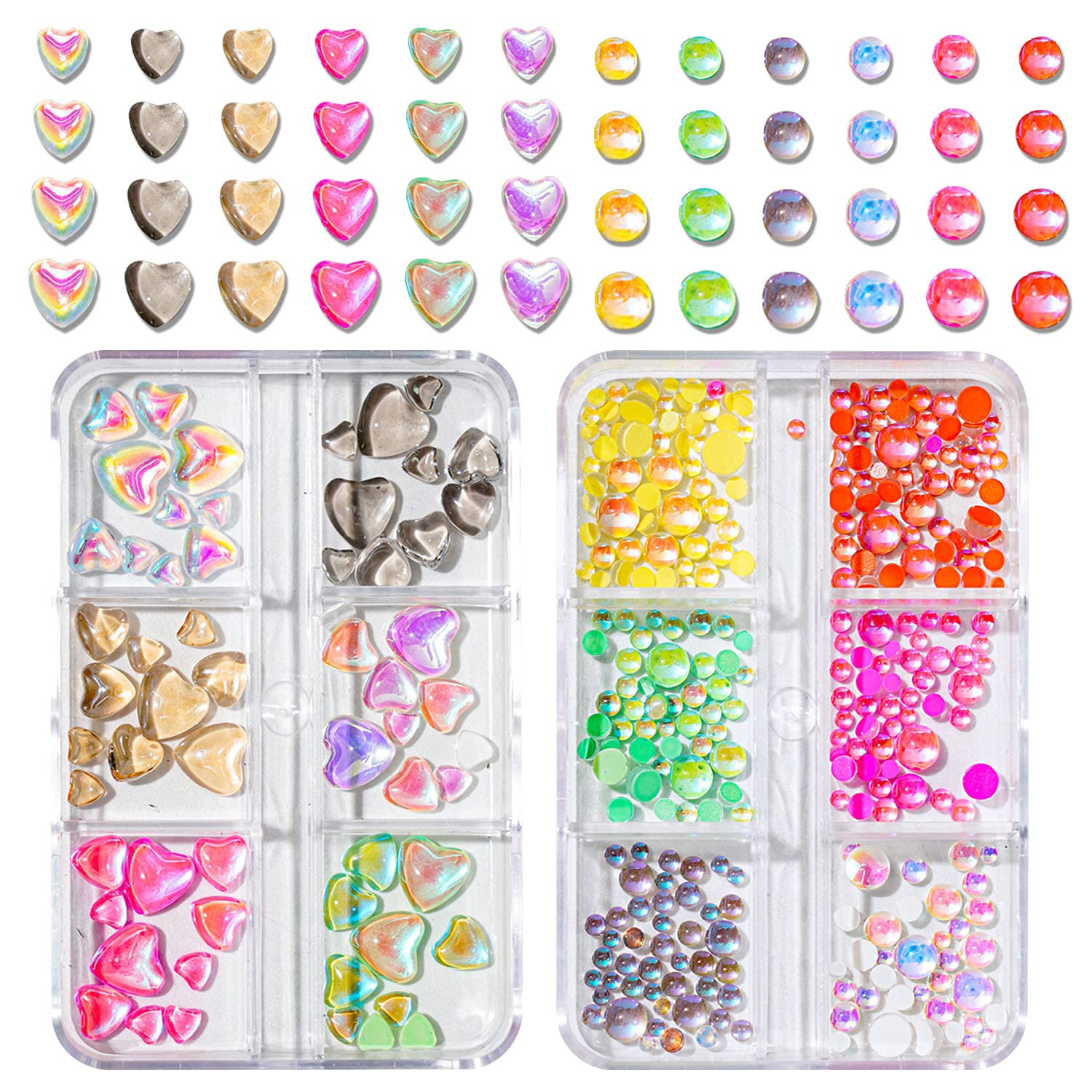 WOKOTO 350pcs Transparent Resin 3D Nail Charms - Iridescent Hearts, Round Water & Crystal Nail Art Accessories for Acrylic Nails | DIY Manicure, Nail Decoration, Gift for Women | Perfect for Nail Salons, Home Use & Party Nail Art