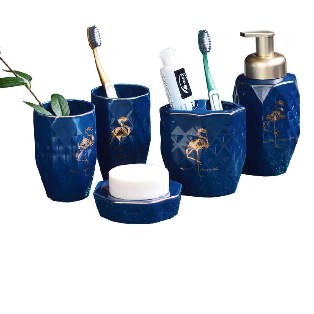 Vintage Ceramic Bathroom Accessory Set - 5 Piece Gold Flamingo Blue Soap Dispenser, 2 Tumblers, Soap Dish & Toothbrush Holder | Bathroom Decor for Home, Hotel Vanity Counter | Perfect for Coastal, Boho or Farmhouse Style Decor