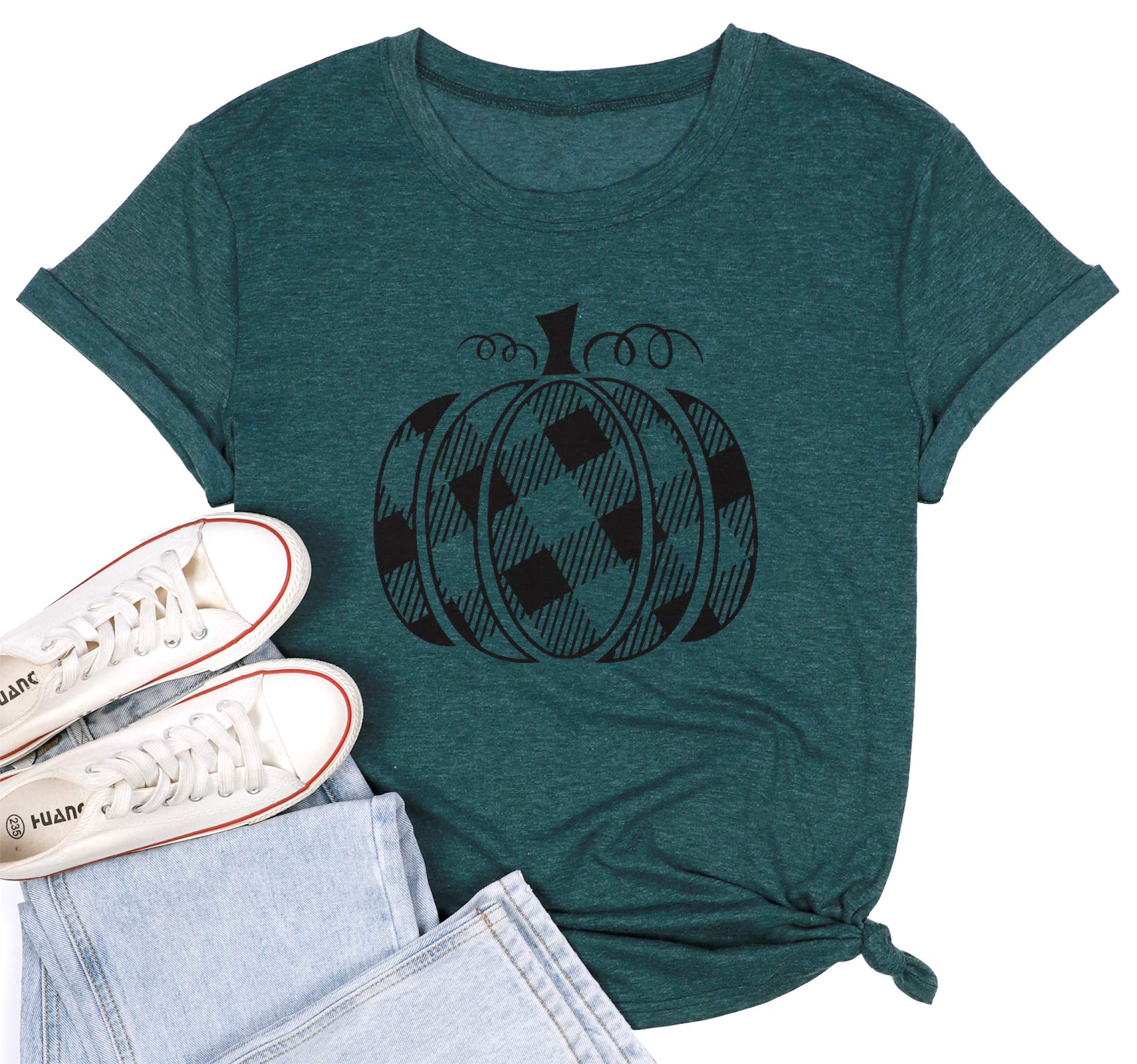 UniqueOne Women's Pumpkin Plaid Graphic T-Shirt - Thanksgiving Gift, Fall Fashion Tee for Casual Wear & Holiday Outfits
