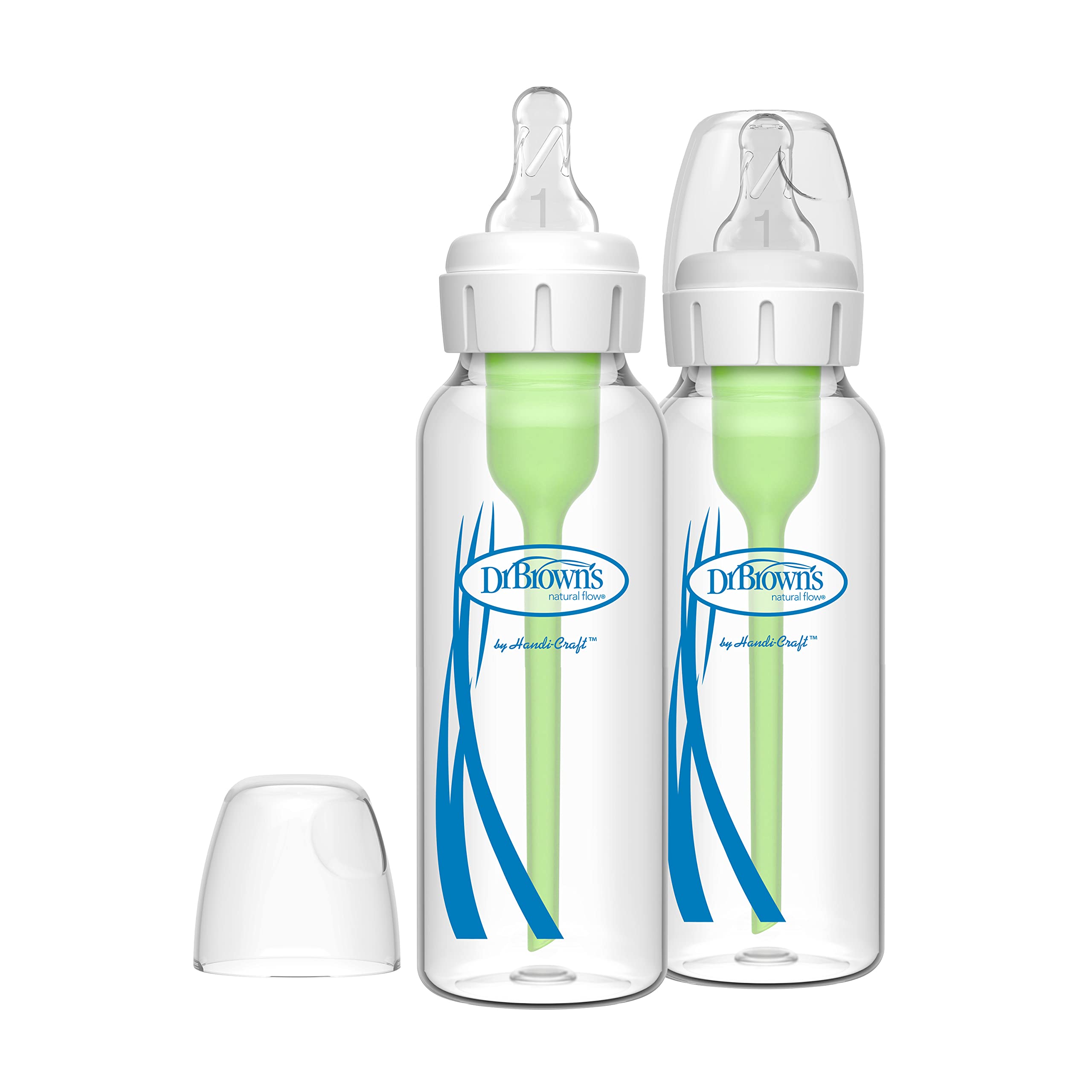 Dr. Brown's Natural Flow Level 2 Narrow Baby Bottle Silicone Nipple (6 Pack) + Anti-Colic Vent System + Glass Baby Bottles (2-Pack, 8 oz) - Perfect for Newborns & Infants, Reduce Gas & Spit-Up, Ideal for Breastfeeding Transition & On-the-Go Feeding