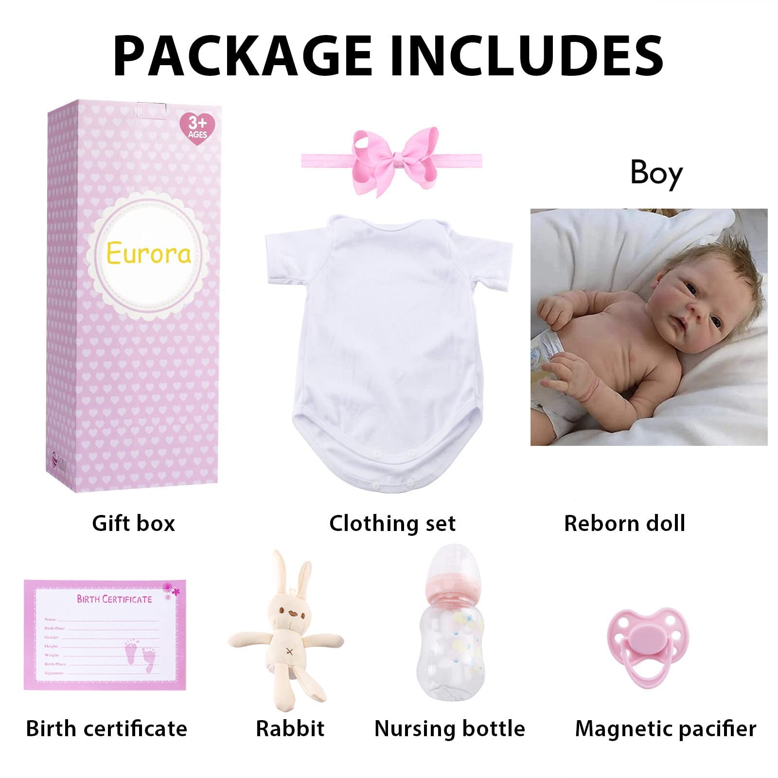 EURORA 18 Inch Reborn Baby Doll Boy - Vinyl Silicone Body with Clothes & Bottle - Perfect Gift for Kids 3+
