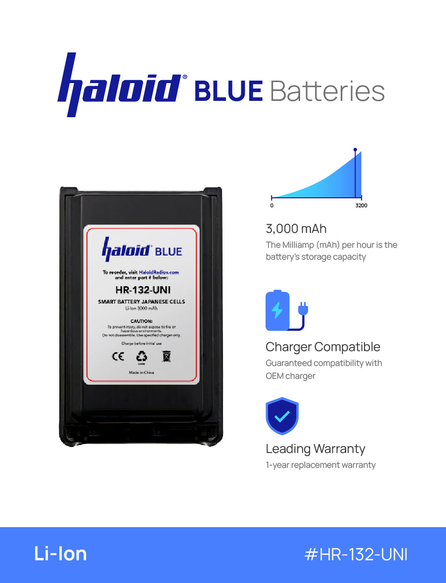 Haloid BLUE HR 132 UNI Lithium Battery - Compatible with VX230 & VX231 Walkie Talkies - Long-Lasting Power for Outdoor Adventures, Construction Sites, and Emergency Communications