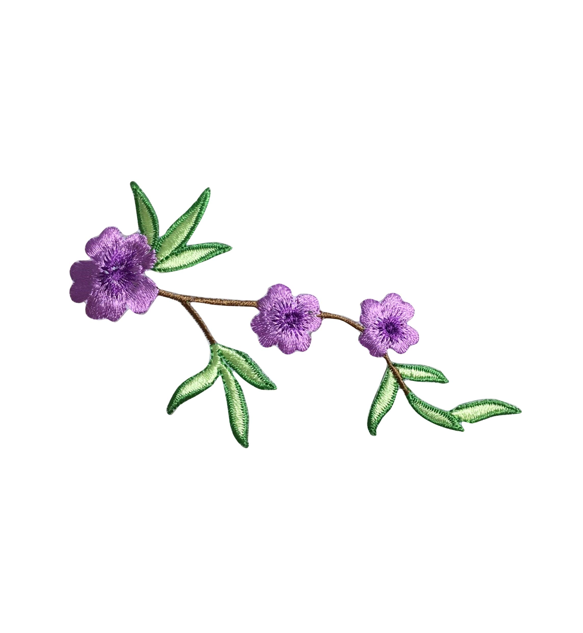 Purple and Green Embroidered Iron-On Patch for DIY Clothing, Hats, Bags - Customizable Floral Design for Crafts and Upcycling