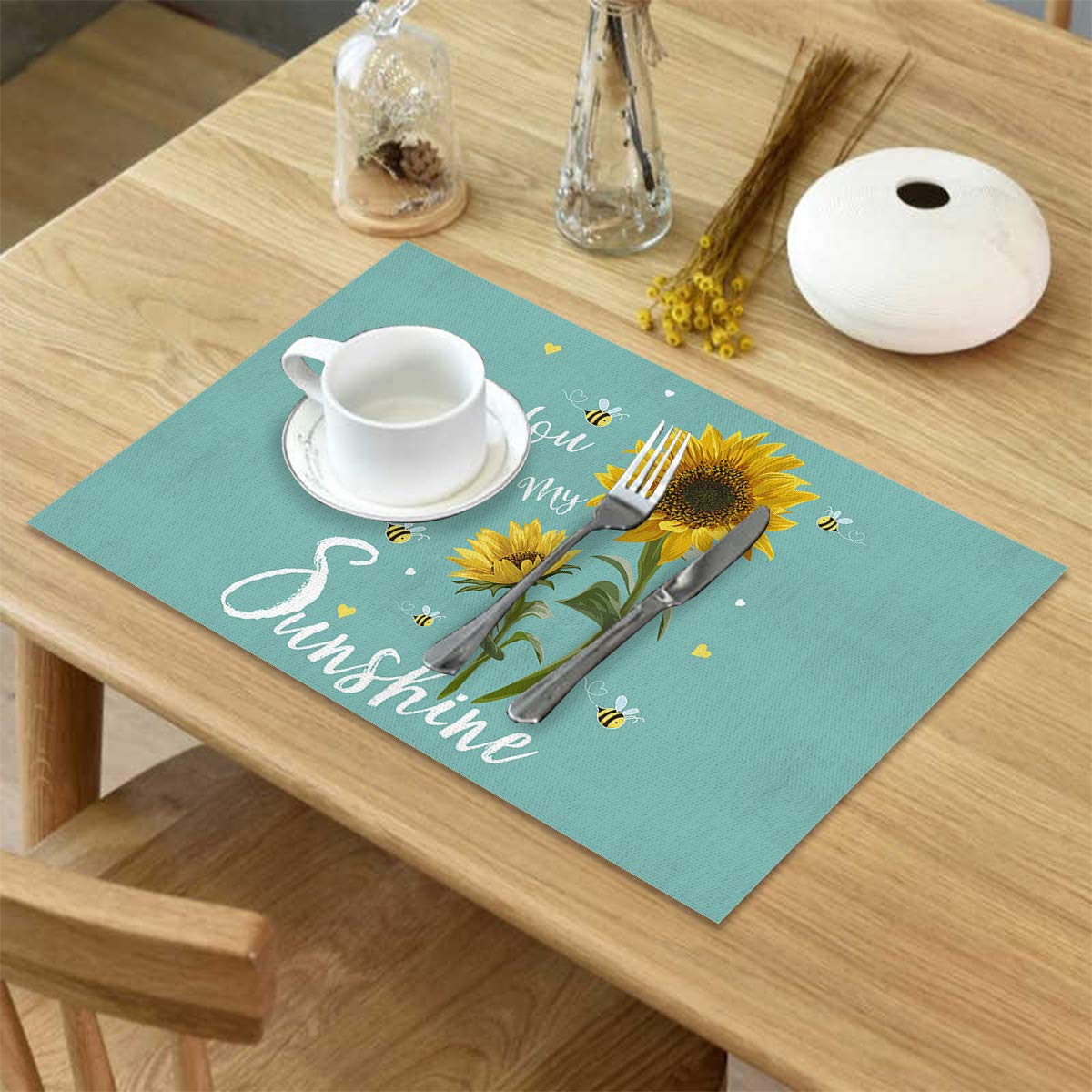 Set of 6 Rustic Sunflower & Bee Placemats - Heat Resistant Washable Burlap Table Mats for Dining, Round, or Outdoor Patio Tables - 'You Are My Sunshine' Turquoise Decor - Perfect for Farmhouse Kitchens, Picnics & Summer Entertaining