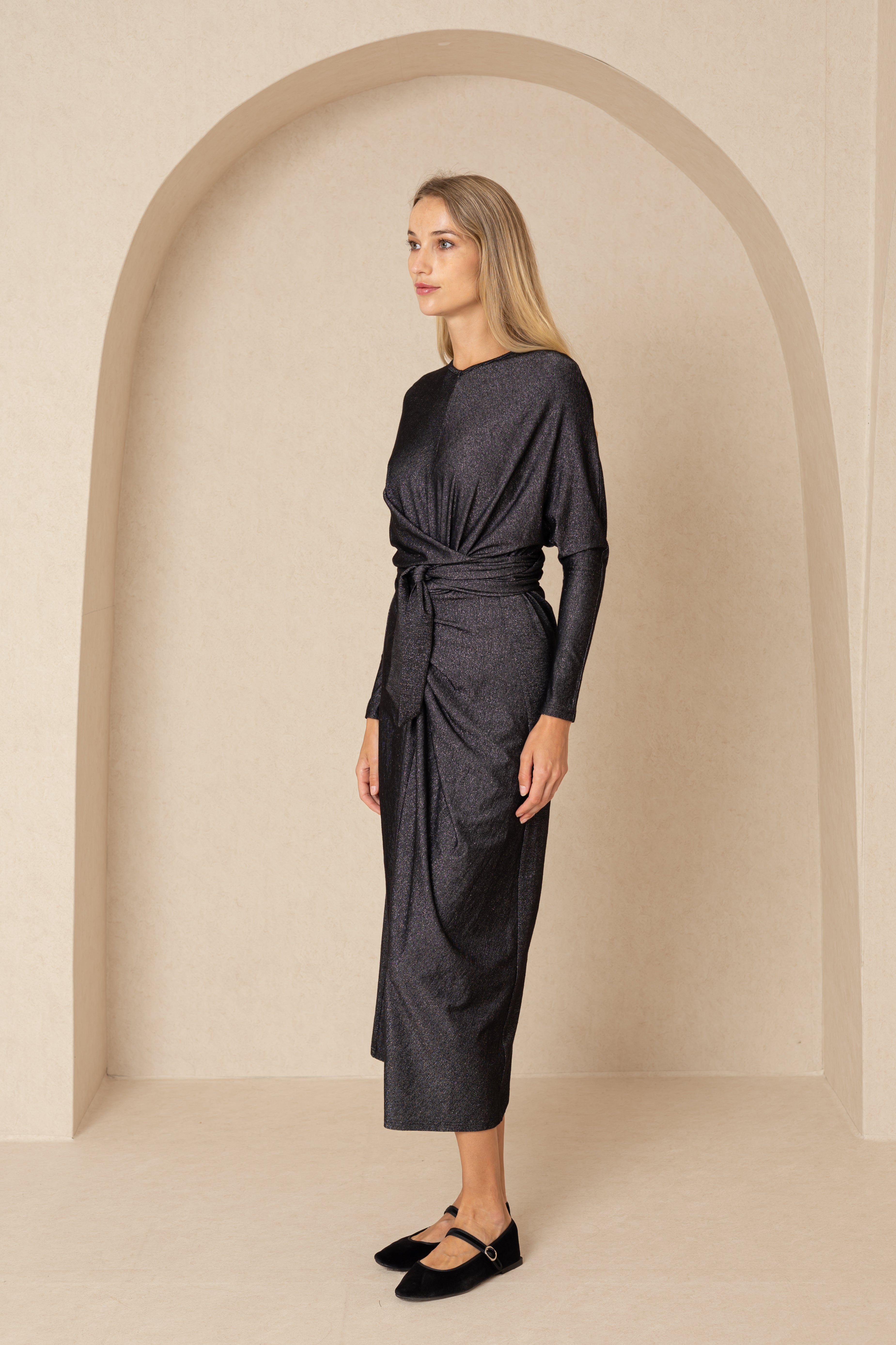 Elegant Black Sparkle Tie Wrap Maxi Dress for Women - Perfect for Evening Parties, Weddings & Special Occasions
