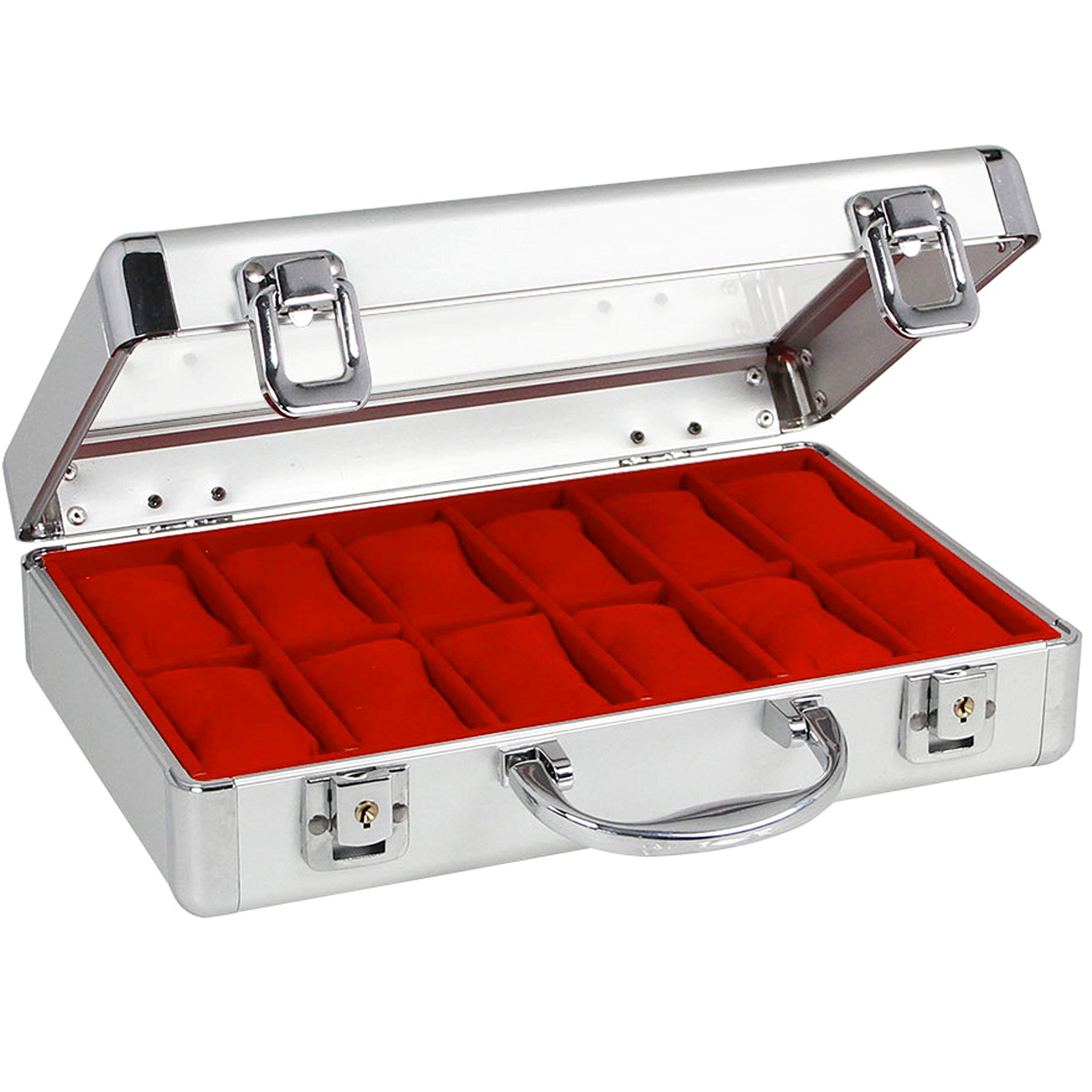 Premium 2651 Aluminum Watch Case for 12 Watches - Red Velvet Lined Interior | Secure Luxury Watch Storage Box for Travel, Display & Collection Organization