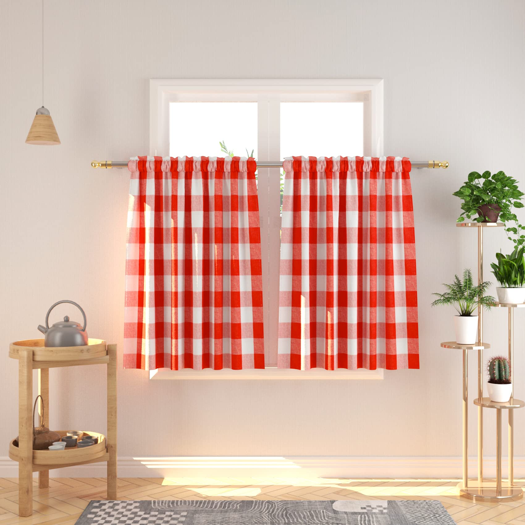 Buffalo Check Tier Curtains 36 Inch Length - Plaid Gingham Rod Pocket Short Window Curtains for Small Kitchen, Cafe, Bathroom - 2 Panels Red & White - Perfect for Farmhouse, Cottage & Rustic Decor
