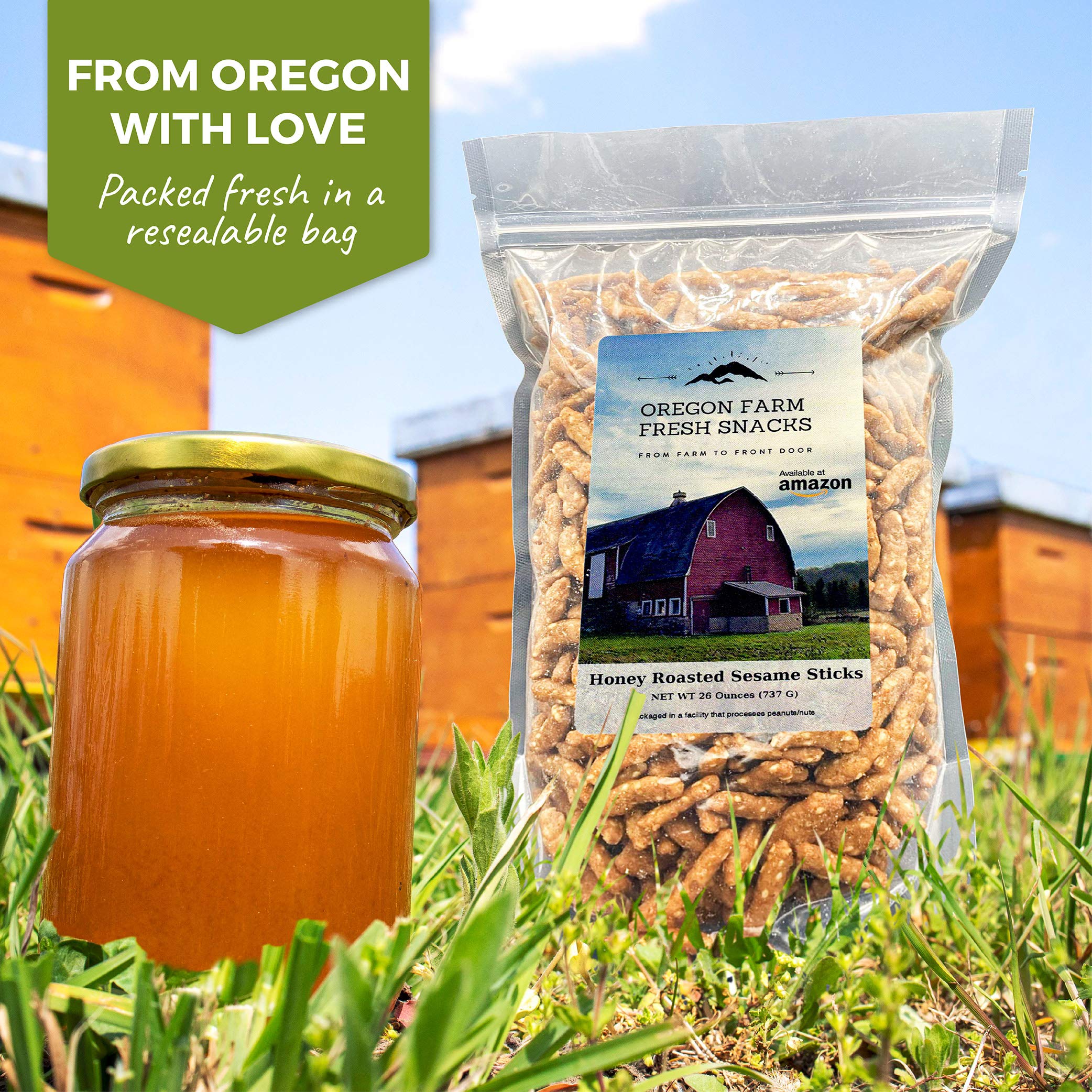 Oregon Farm Fresh Honey Roasted Sesame Sticks - 26oz Crunchy Sweet & Salty Snack - All Natural Gluten-Free Healthy Snacks for Office, Travel & Home - Perfect for Parties, Hiking & Movie Nights