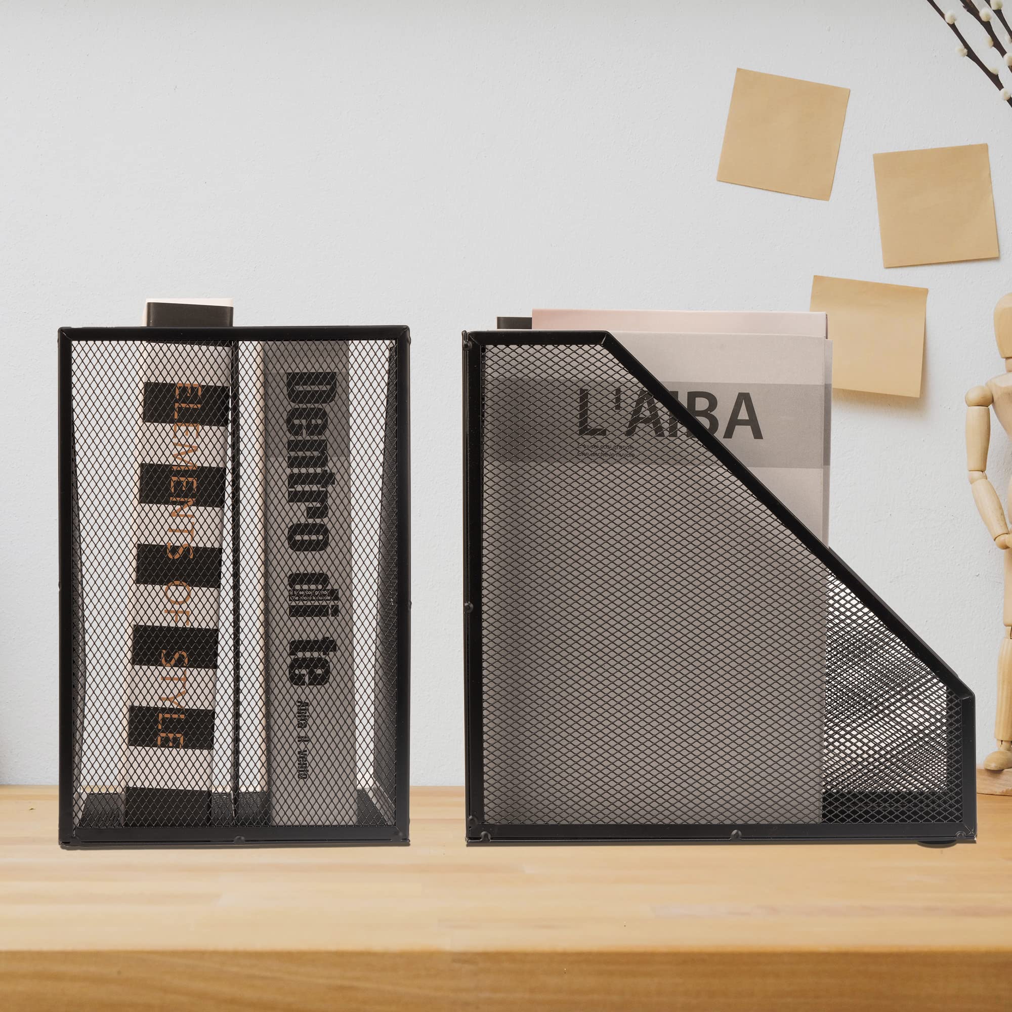 2-Pack Metal Wire Magazine Holders - 2 Compartment Mesh File Organizer for Desk, Office Accessories & Decorative Storage Box (Black) - Perfect for Home Office, Study Desk & Workspace Organization