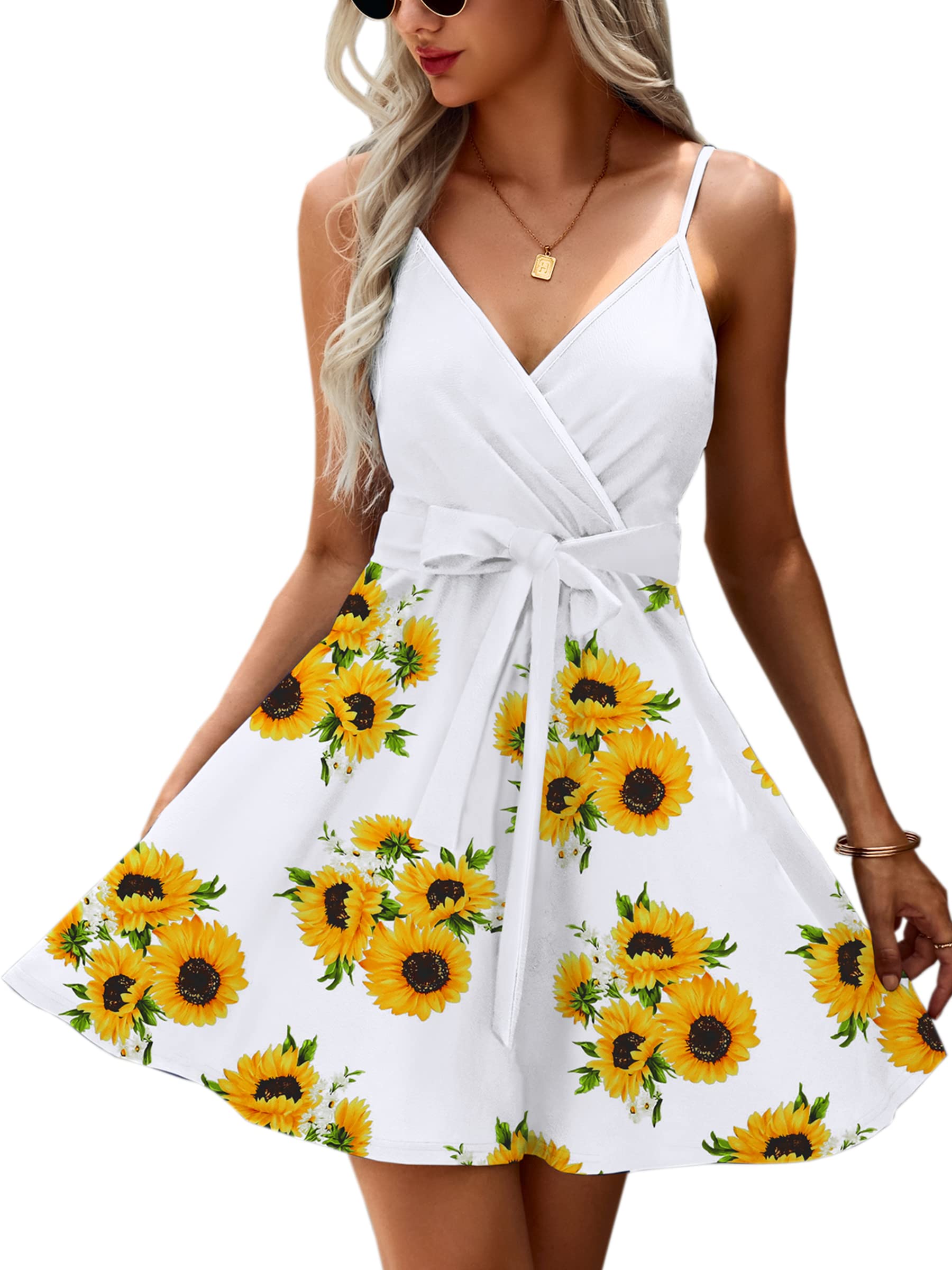 ECOWISH Women's Summer Dress 2025 - V-Neck Spaghetti Strap Lace Mini Dress with Bowknot Backless Design | Perfect for Beach Vacation, Date Night & Summer Parties