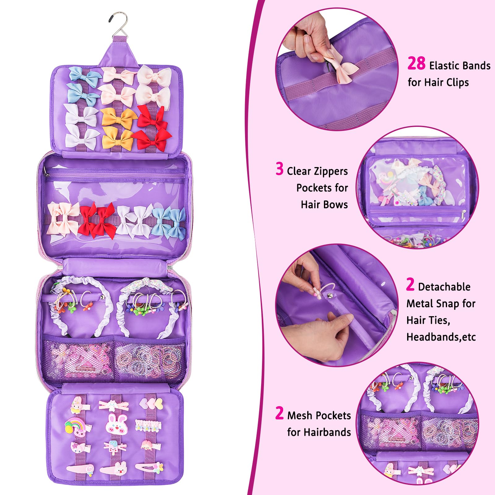 Shiny Bow Holder & Hair Accessories Organizer for Baby Girls - Travel Storage Bag for Hair Clips, Headbands, Scrunchies & Hair Ties (Purple) - Perfect for Home, Travel & School Organization