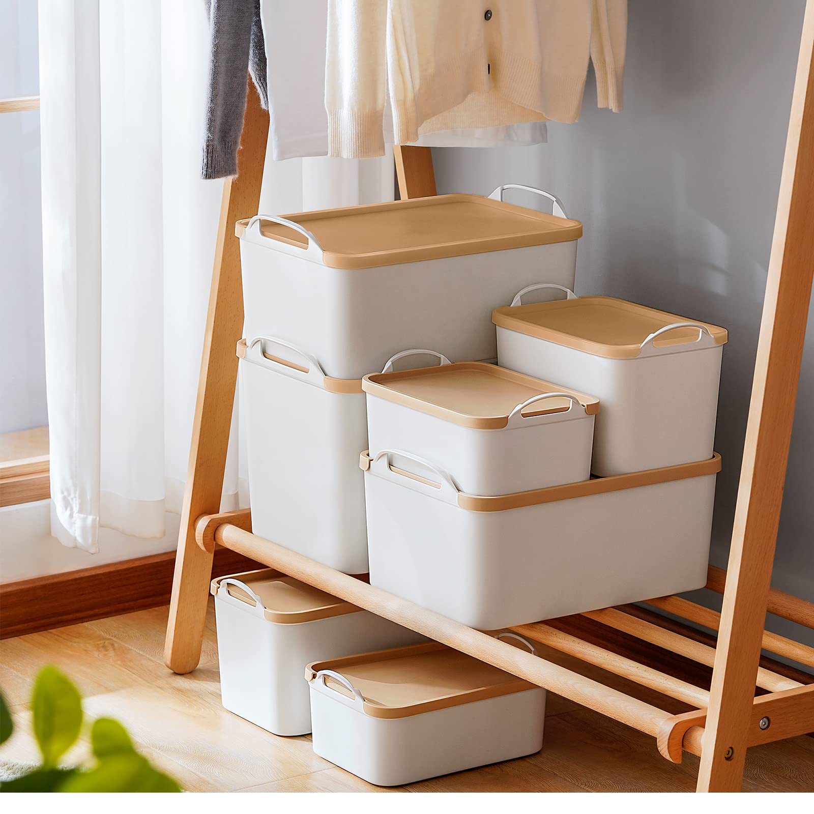 ANMINY 8-Piece Plastic Storage Bins with Lids - Large White Organizing Containers for Home & Office - Stackable Storage Boxes for Closet, Shelves, Drawers & Desktop (Wheat Lids) - Perfect for Pantry, Bathroom & Kids Room Organization