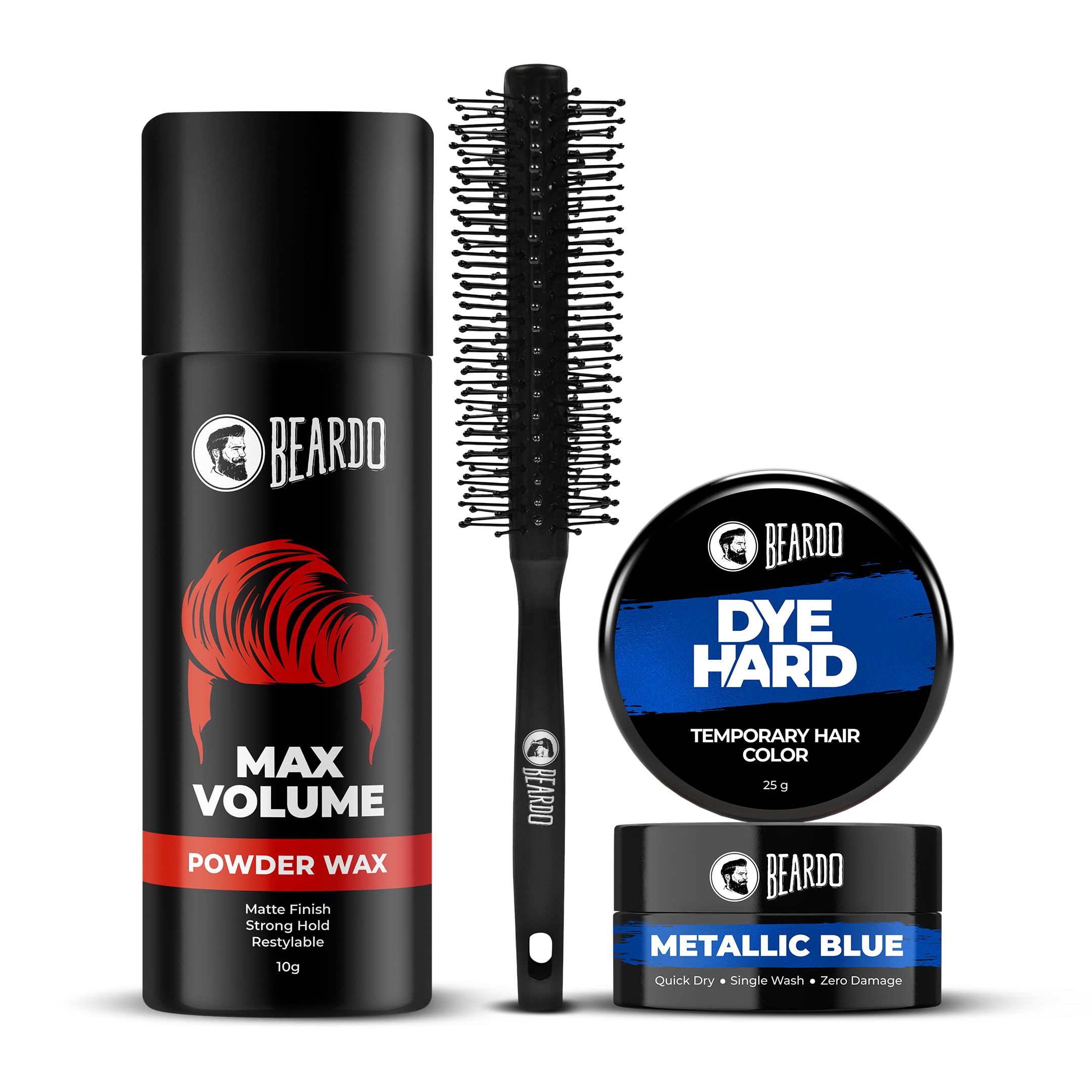 Beardo Roller Hair Brush for Men - Max Volume Powder Wax 10g & Temporary Metallic Blue Hair Dye 25g | Strong Hold Styling Comb for Smoothing & Volumizing | Restylable Hair Powder & Vibrant Color Kit | Perfect for Daily Grooming, Parties & Special Events