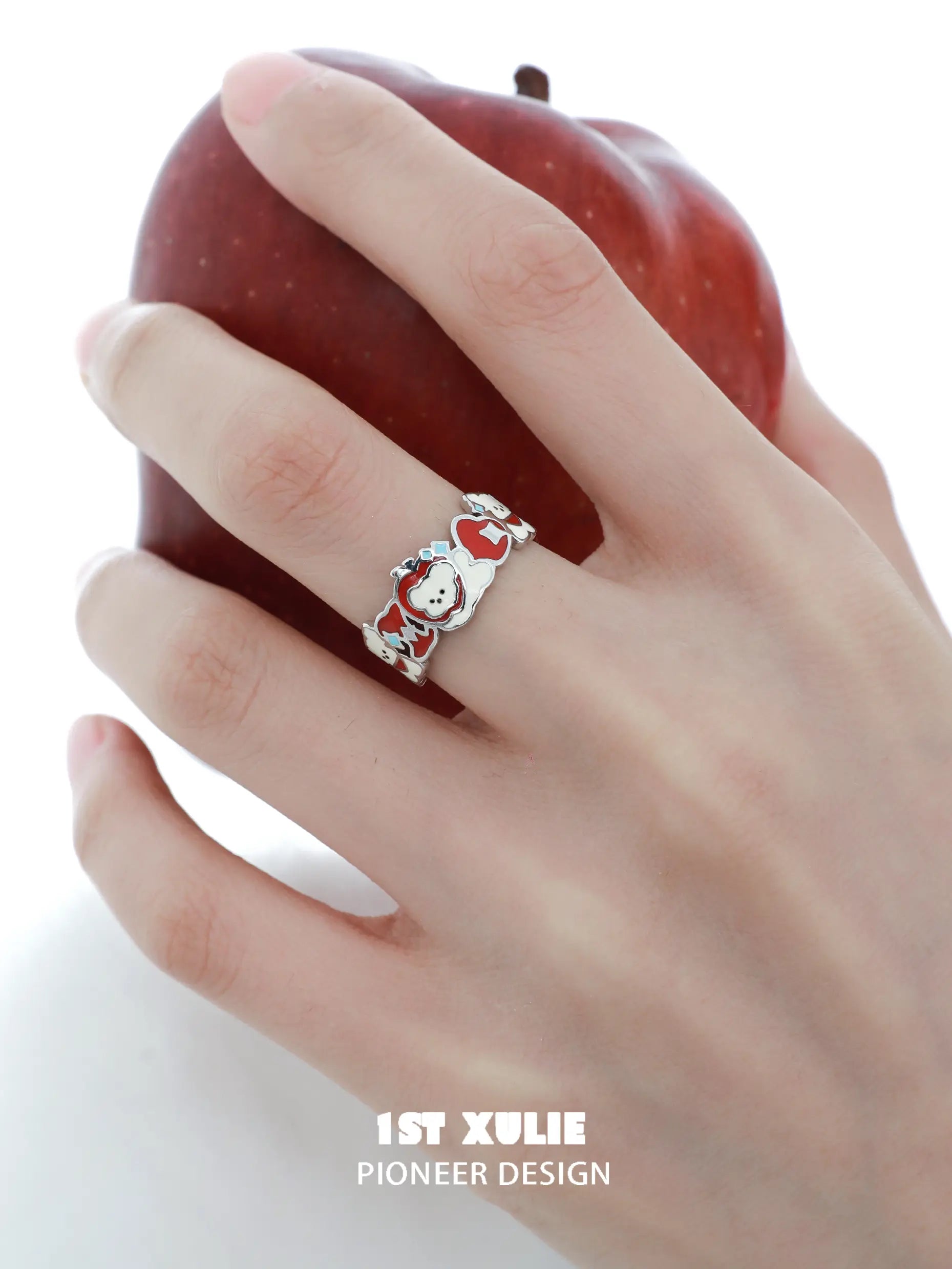 Cuties' Appleland Kitten & Puppy 925 Sterling Silver Apple Slices Open Ring - Cute Animal Jewelry for Women, Girls | Perfect Gift for Pet Lovers, Birthday, Anniversary