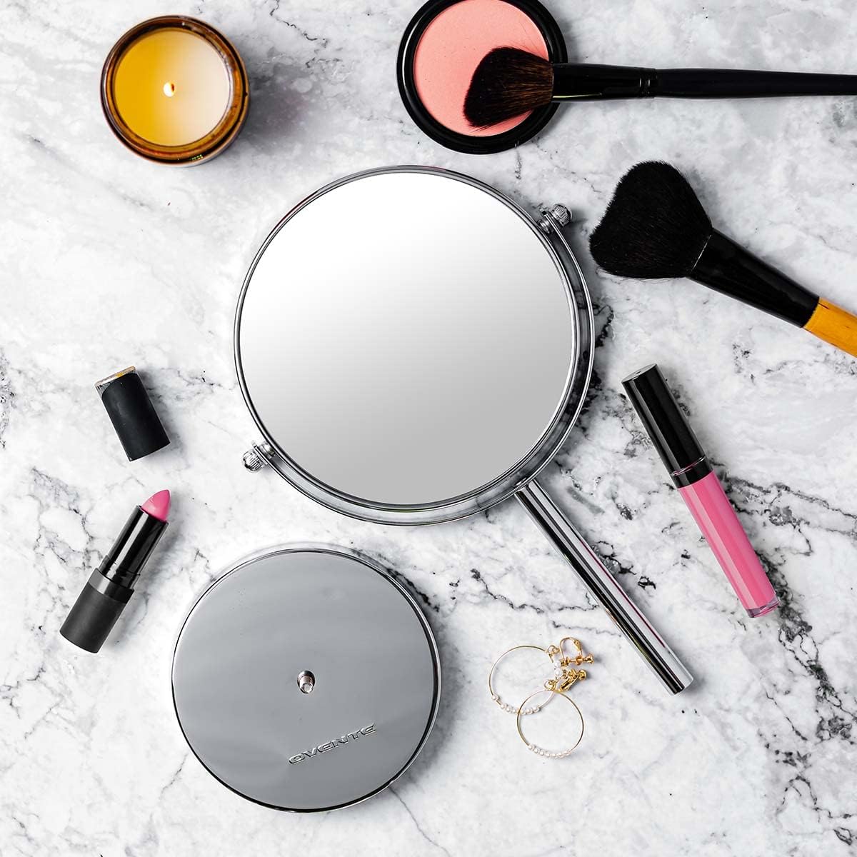 OVENTE 6-Inch Double-Sided Vanity Mirror with 1X/7X Magnification - 360° Swivel Stand, Polished Chrome Finish - Perfect for Makeup Application, Grooming & Skincare - Ideal for Bedroom Dresser, Bathroom Vanity & Office Desk