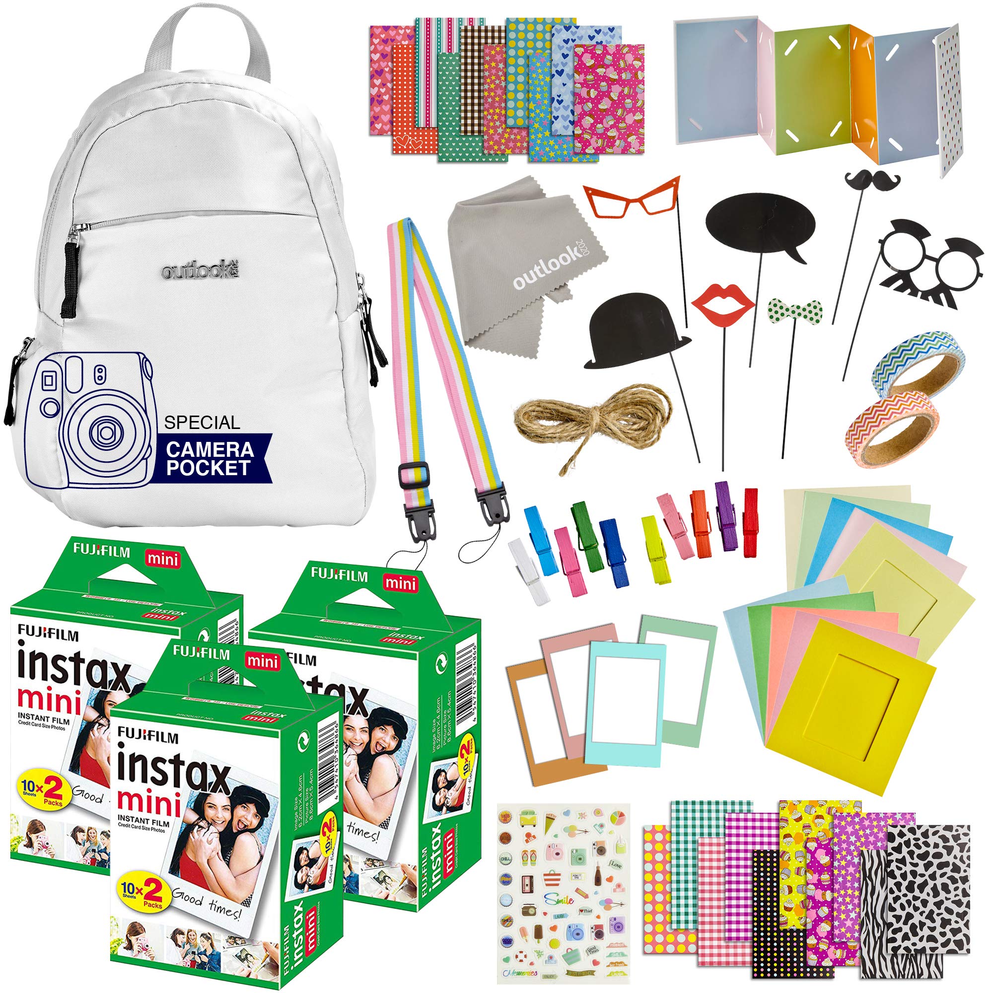 Fujifilm Instax Mini 11/9/8/90/70 Camera Travel Accessories Kit - Includes Backpack Shoulder Bag, 60 Sheets Instant Film, Lens Cloth, Strap, Washi Tape, Stickers, Photo Frames & Album - Smokey White - Perfect for Travel, Parties & Memory Keeping