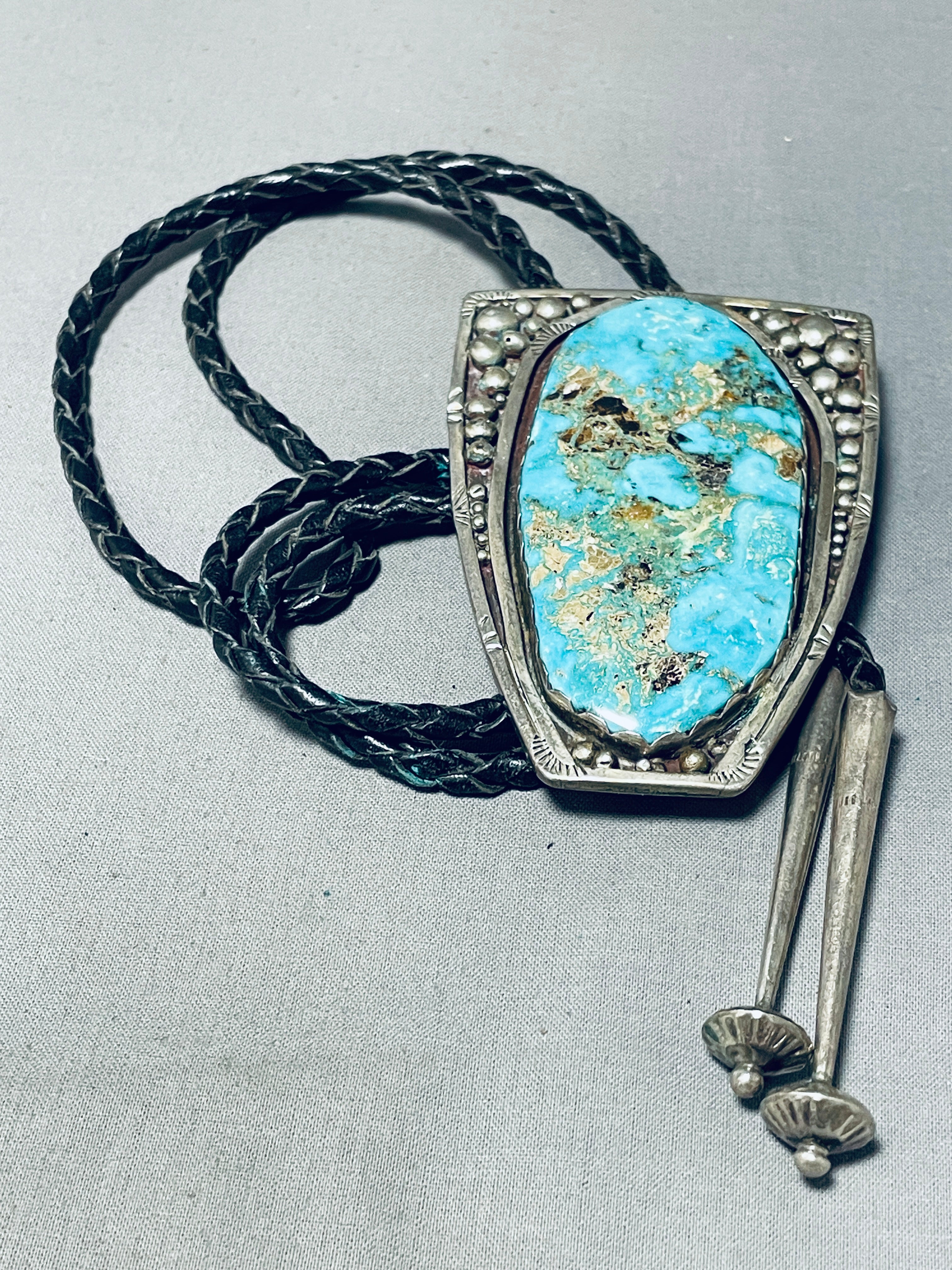 Vintage Navajo Pilot Mountain Turquoise Sterling Silver Bolo Tie - 100+ Grams - Handcrafted Native American Jewelry for Men - Perfect for Western Wear, Cowboy Outfits & Special Occasions