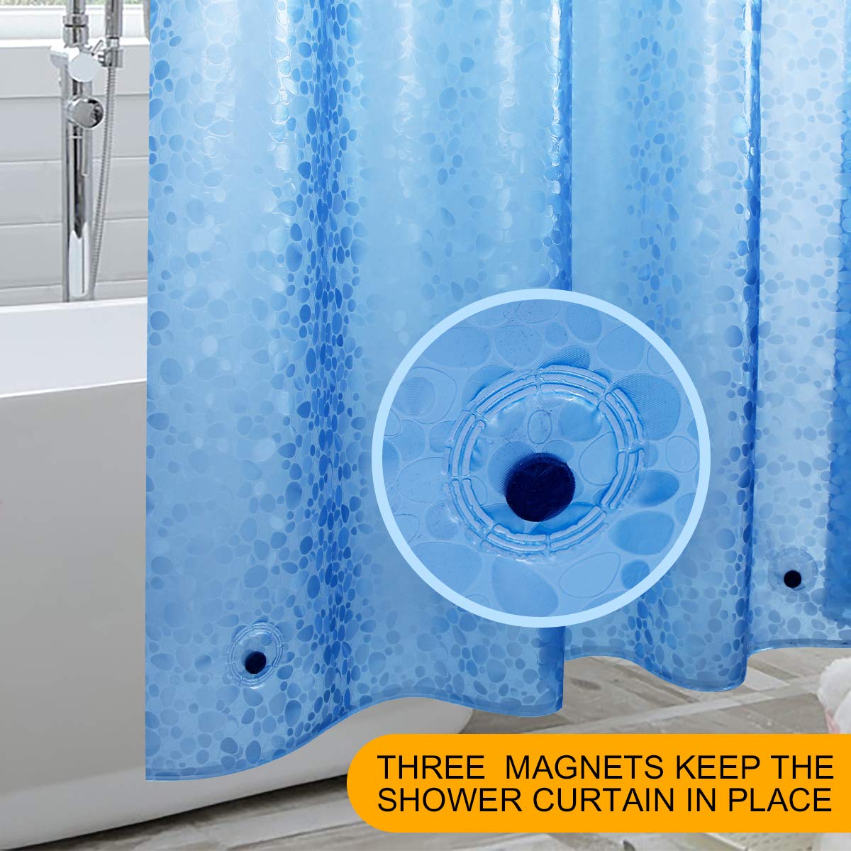 WELTRXE EVA Shower Curtain Liner - 72x72 Inch 3D Blue Pebble Design, Clear Plastic Bathroom Shower Liner with Weighted Magnets & 12 Hooks, 8G Thick Heavy Duty Waterproof Shower Curtain for Shower Stall or Bathtub - Perfect for Modern Bathrooms & Spa-Like Showers