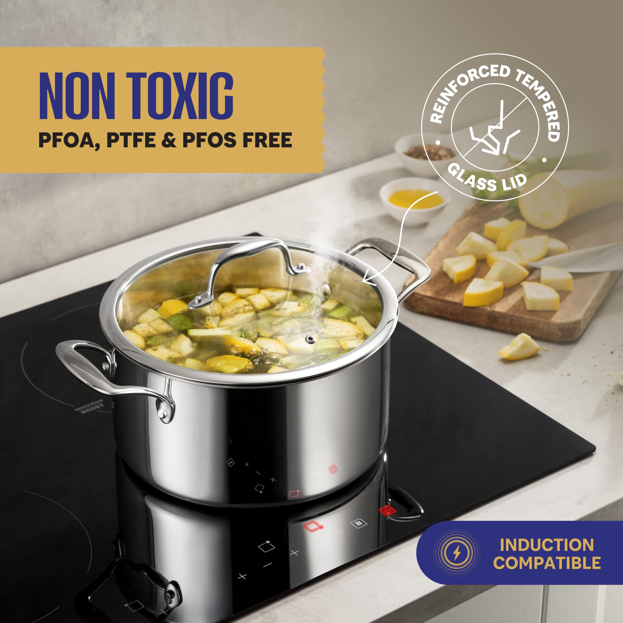 Premium 11-Piece Stainless Steel Cookware Set - 3-Ply Clad Induction Compatible Pots & Pans with Glass Lids | Oven & Dishwasher Safe | Non-Toxic PFOA/PTFE/PFOS Free 18/8 Chef-Grade Kitchen Essentials for Home Cooking, Meal Prep & Professional Chefs