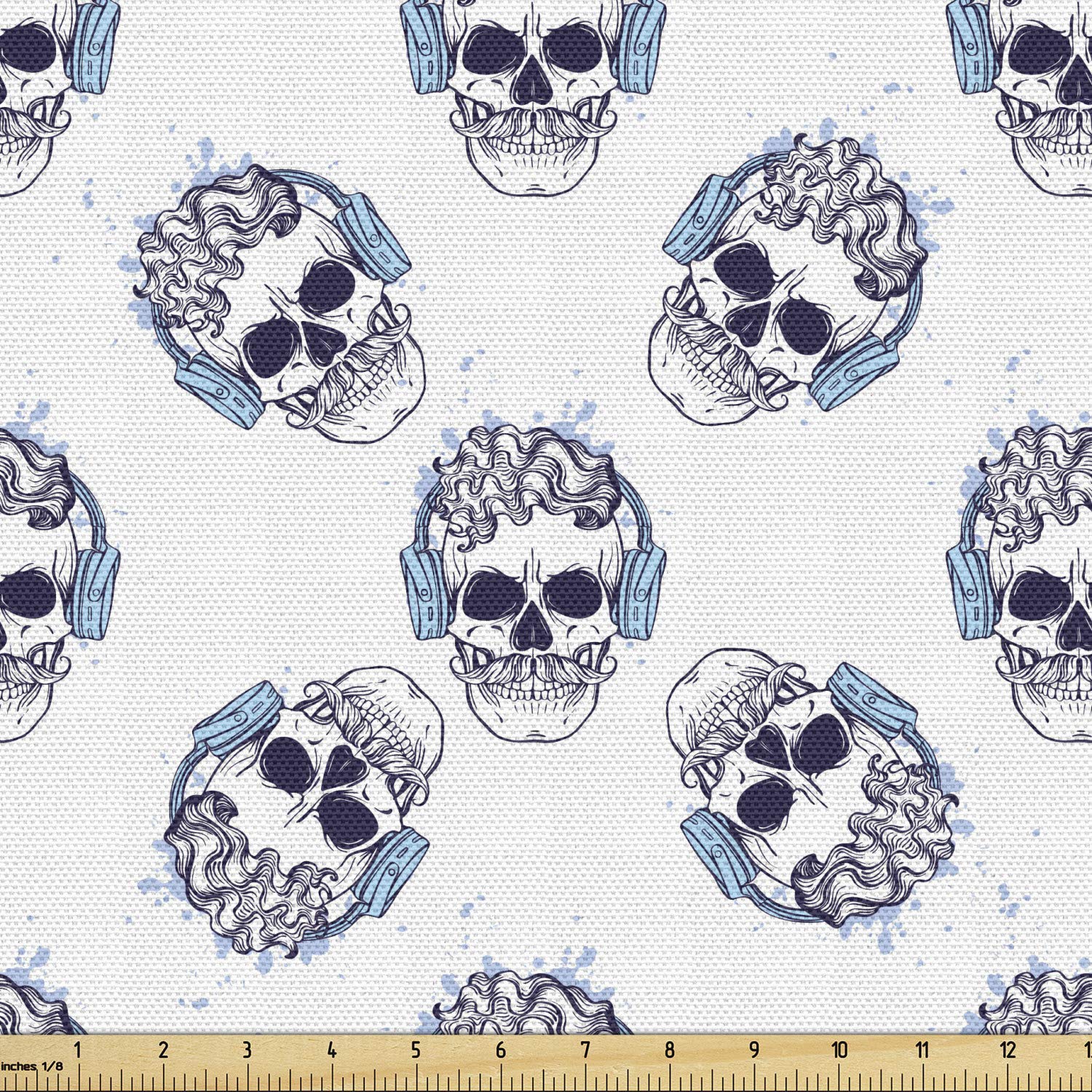 Ambesonne Hipster Fabric by The Yard - Outline Skull with Headphones Print, Indigo Sky Decorative Cotton Fabric for Upholstery, DIY Crafts, Home Decor (10 Yards) | Perfect for Pillow Covers, Curtains & Bohemian Style Home Accents