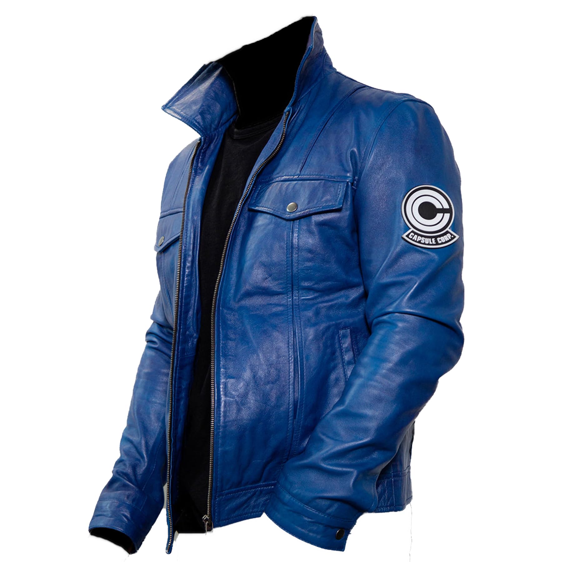 Men's Dragon Ball Z Trunks Cosplay Jacket - Capsule Corp Blue Leather Biker Motorcycle Rider Costume | Anime Convention Outfit & Halloween Cosplay Costume