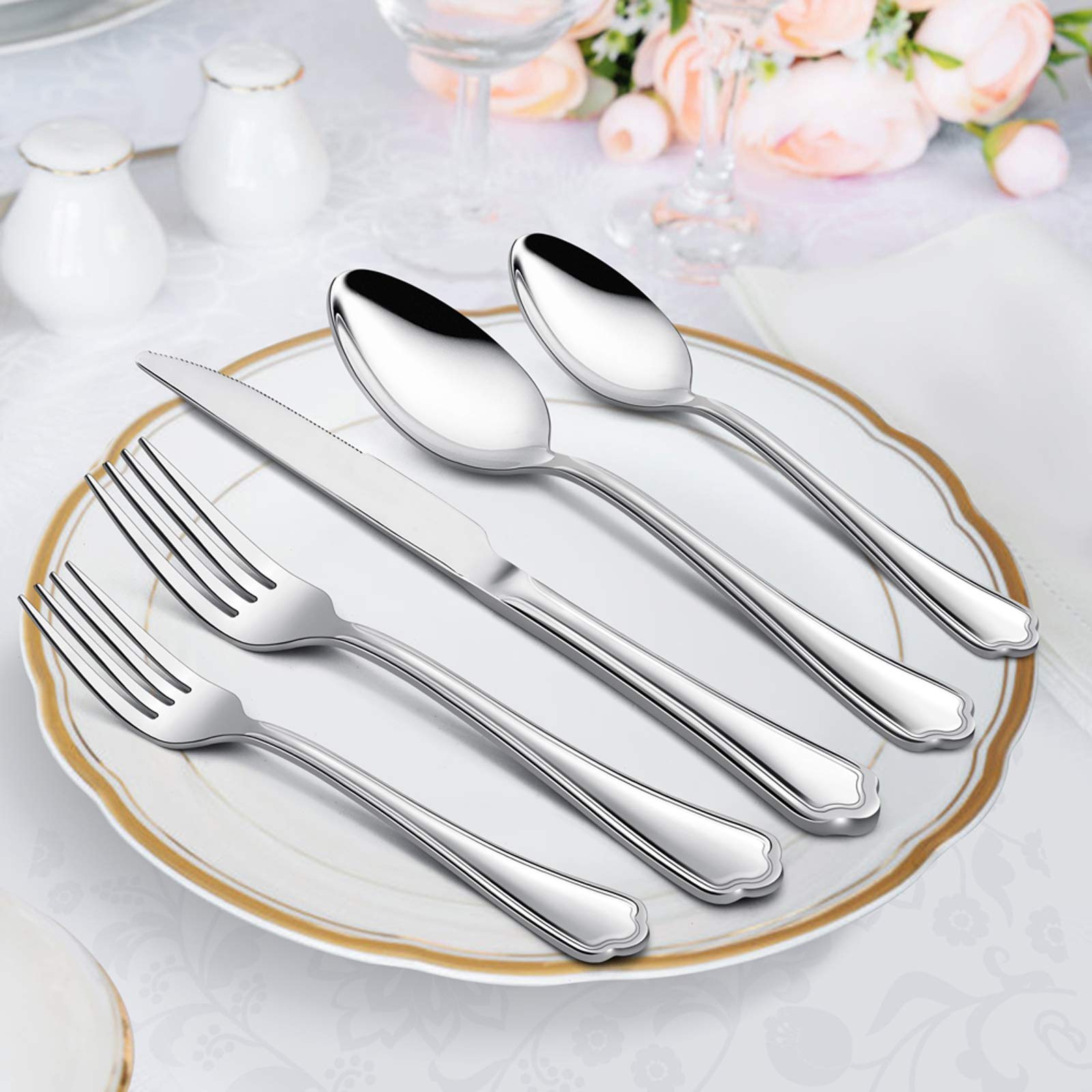 60-Piece Stainless Steel Flatware Set for 12 - E-far Silverware Cutlery Set with Scalloped Edge & Mirror Polish (Dinner Knives, Forks, Spoons) - Dishwasher Safe Metal Tableware for Home, Restaurant & Party Dining