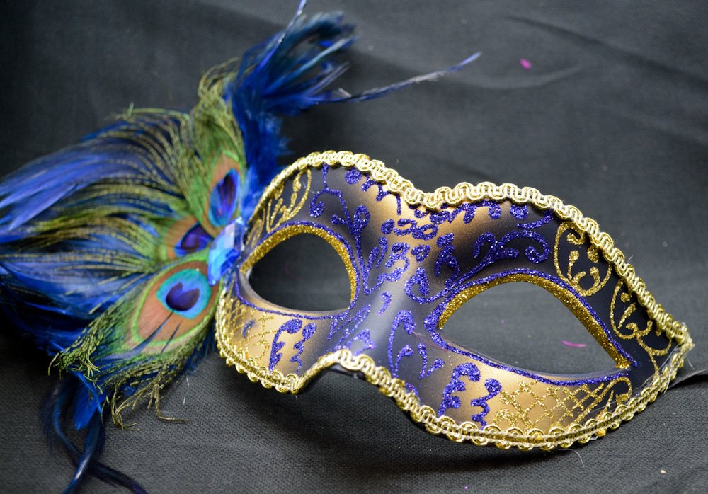 Elegant Blue & Gold Peacock Masquerade Mask for Women - Feather Party Mask for Halloween, Mardi Gras, Costume Balls & Themed Events