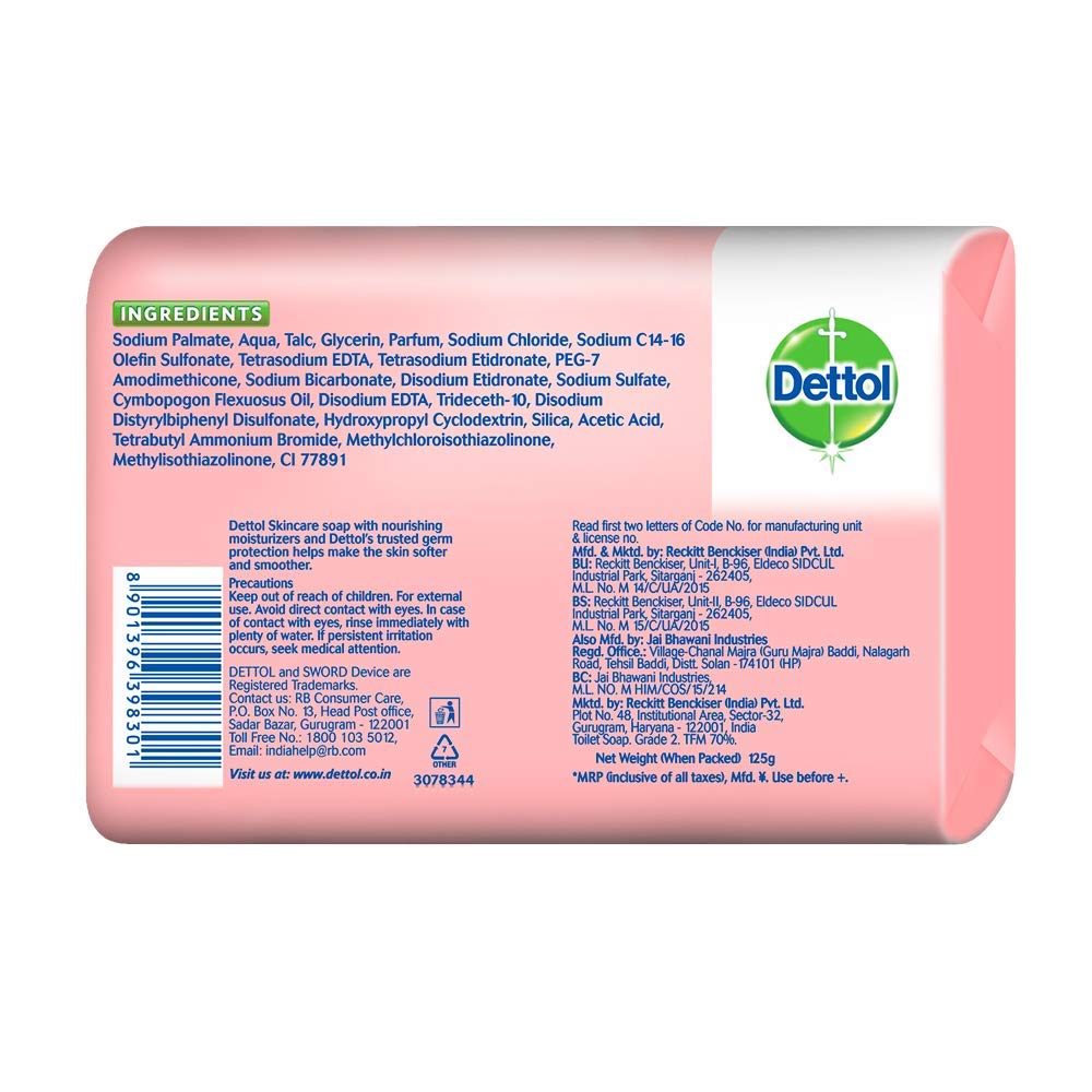 Dettol Antibacterial Skincare Soap Bar, 125g (4-Pack) - Gentle Cleansing for Sensitive Skin, Hand & Body Wash for Daily Hygiene & Germ Protection
