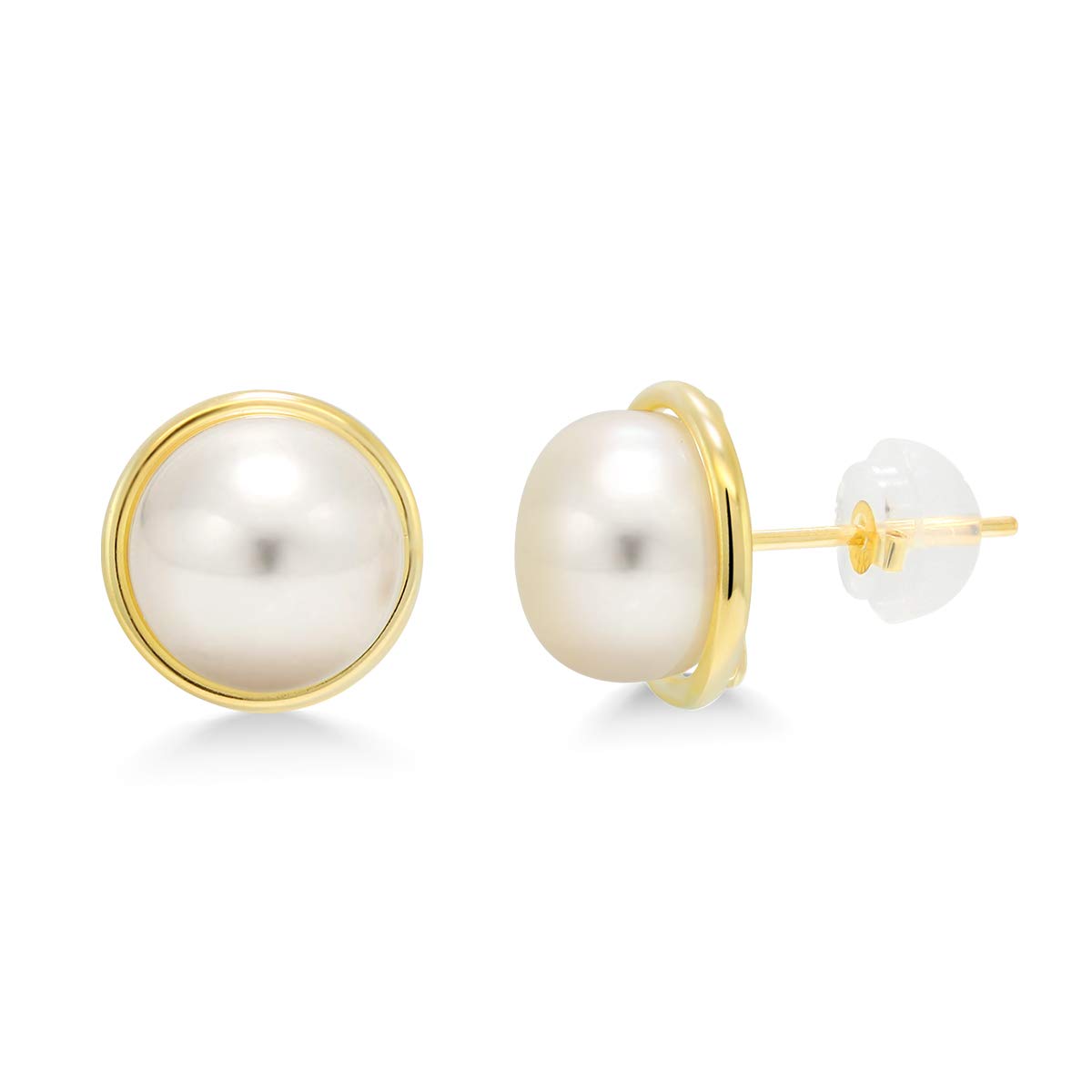 14K Yellow Gold 8MM White Button Cultured Freshwater Pearl Stud Earrings for Women - Elegant Jewelry Gift for Brides, Anniversaries & Special Occasions