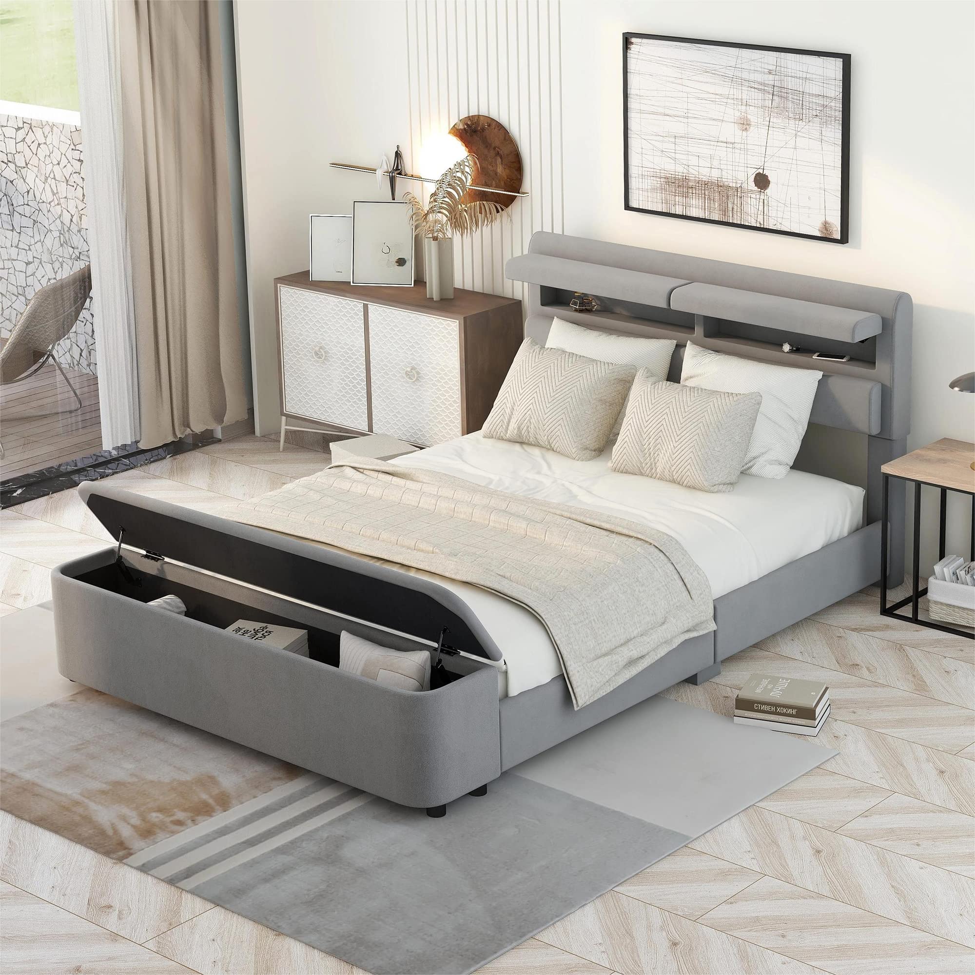 P PURLOVE Full Size Storage Platform Bed Frame with Headboard & Footboard - Velvet Upholstered Wooden Slat Support Mattress Foundation in Gray | Space-Saving Bedroom Furniture for Small Apartments & Guest Rooms