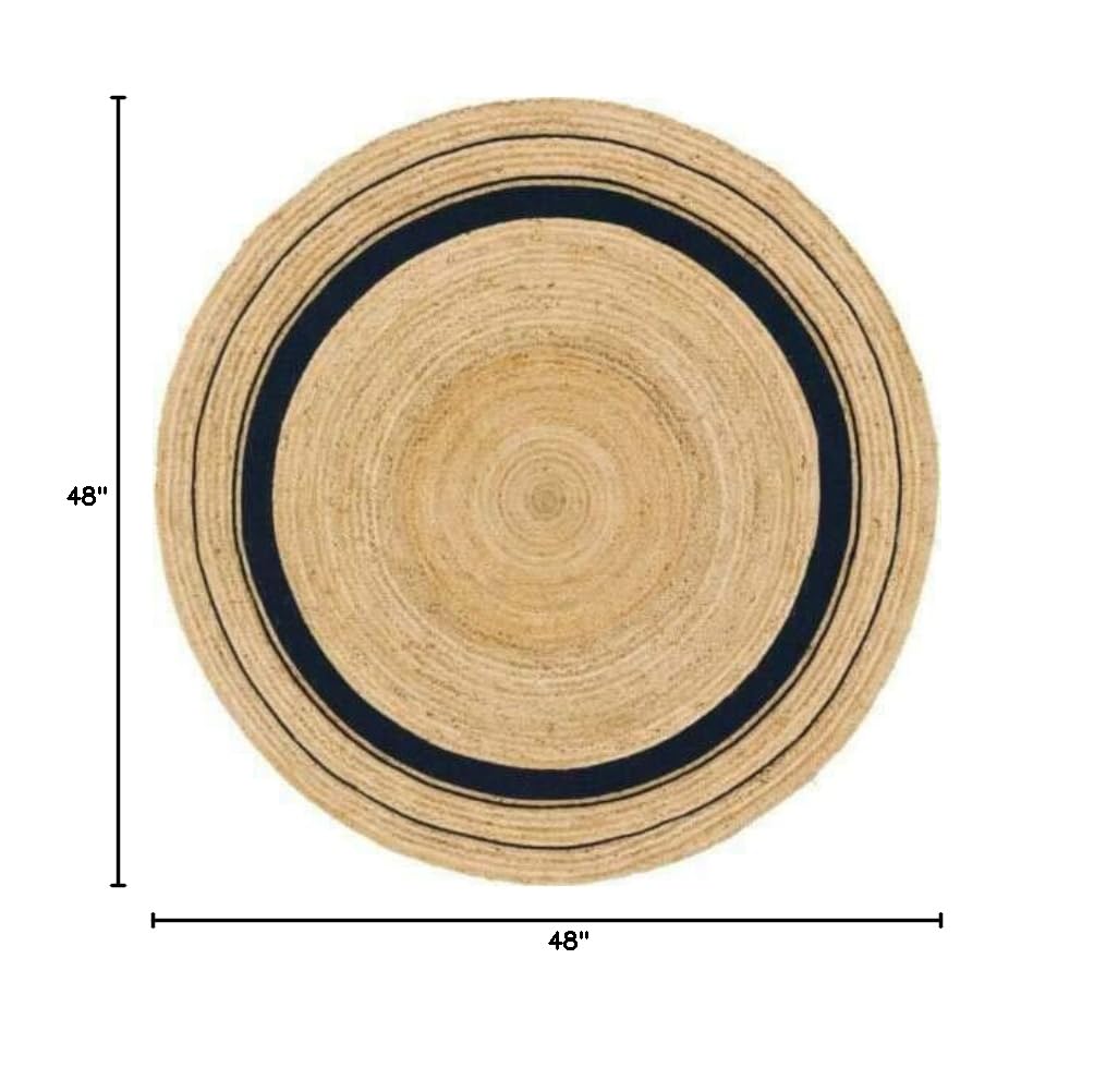 Vipanth Hand Braided Natural Jute Round Area Rug - 4 Feet Beige with Black Line - Eco-Friendly Home Decor for Living Room, Bedroom & Boho Style Spaces
