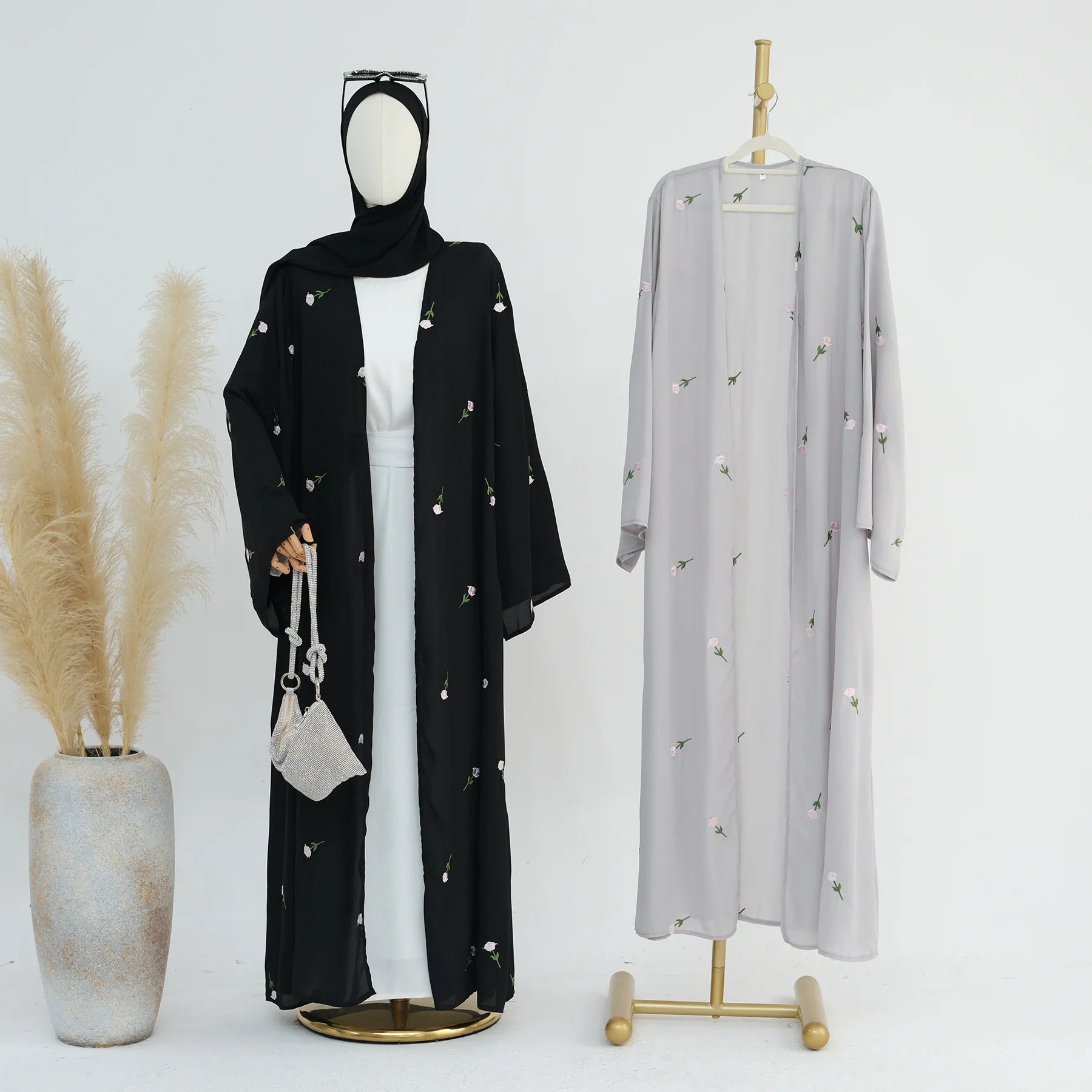 Elegant Black Embroidery Kimono Cardigan Abaya - Stylish Muslim Women's Cover-Up for Prayer, Home & Special Occasions