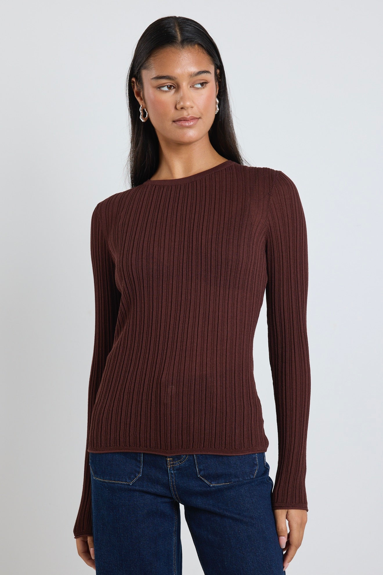 Fragment Chocolate Sheer Rib Long Sleeve Knit Top for Women - Elegant Casual Wear for Office, Date Night & Fall Layering