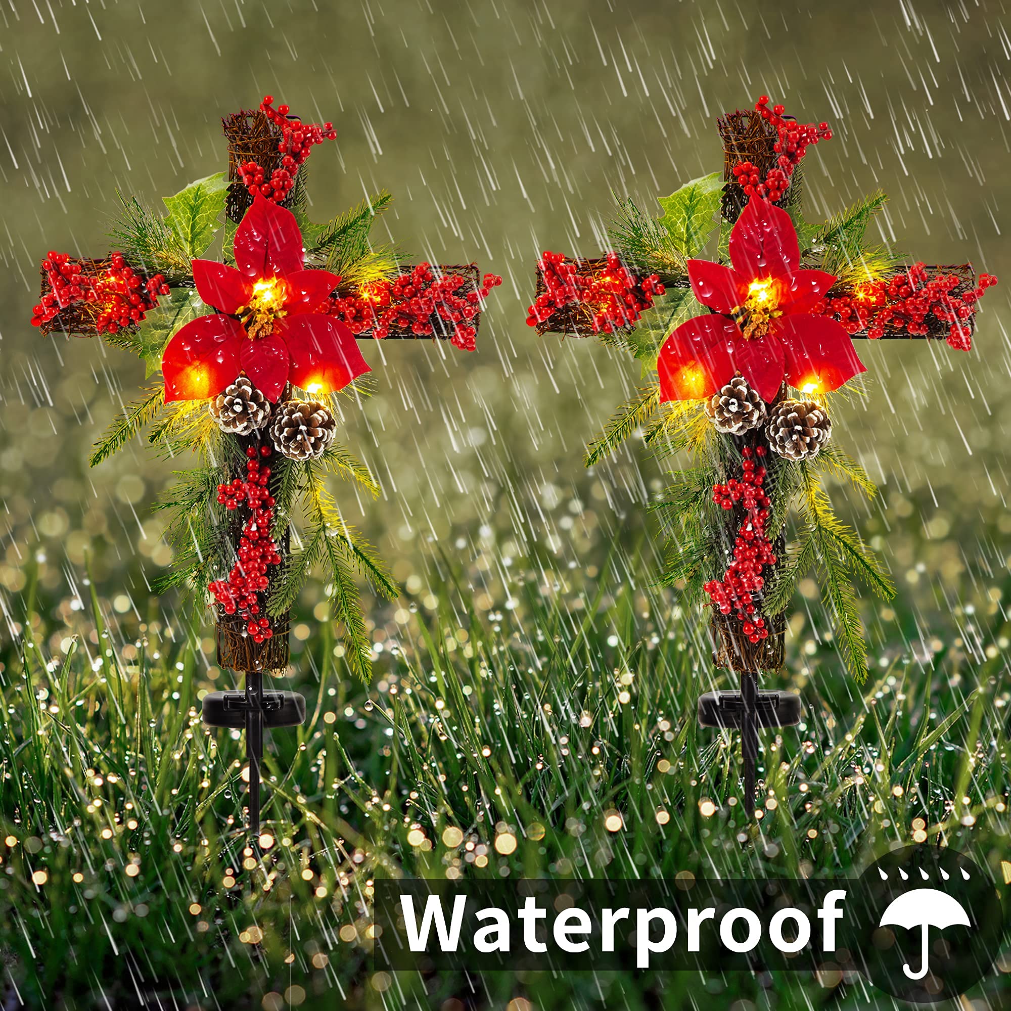Outdoor Solar Christmas Decorations LED Lights - Waterproof Cross Stake for Garden, Lawn, Yard & Cemetery - Set of 2 with Faux Pine Cones & Foliage - Perfect for Holiday Grave Decorations & Festive Outdoor Lighting