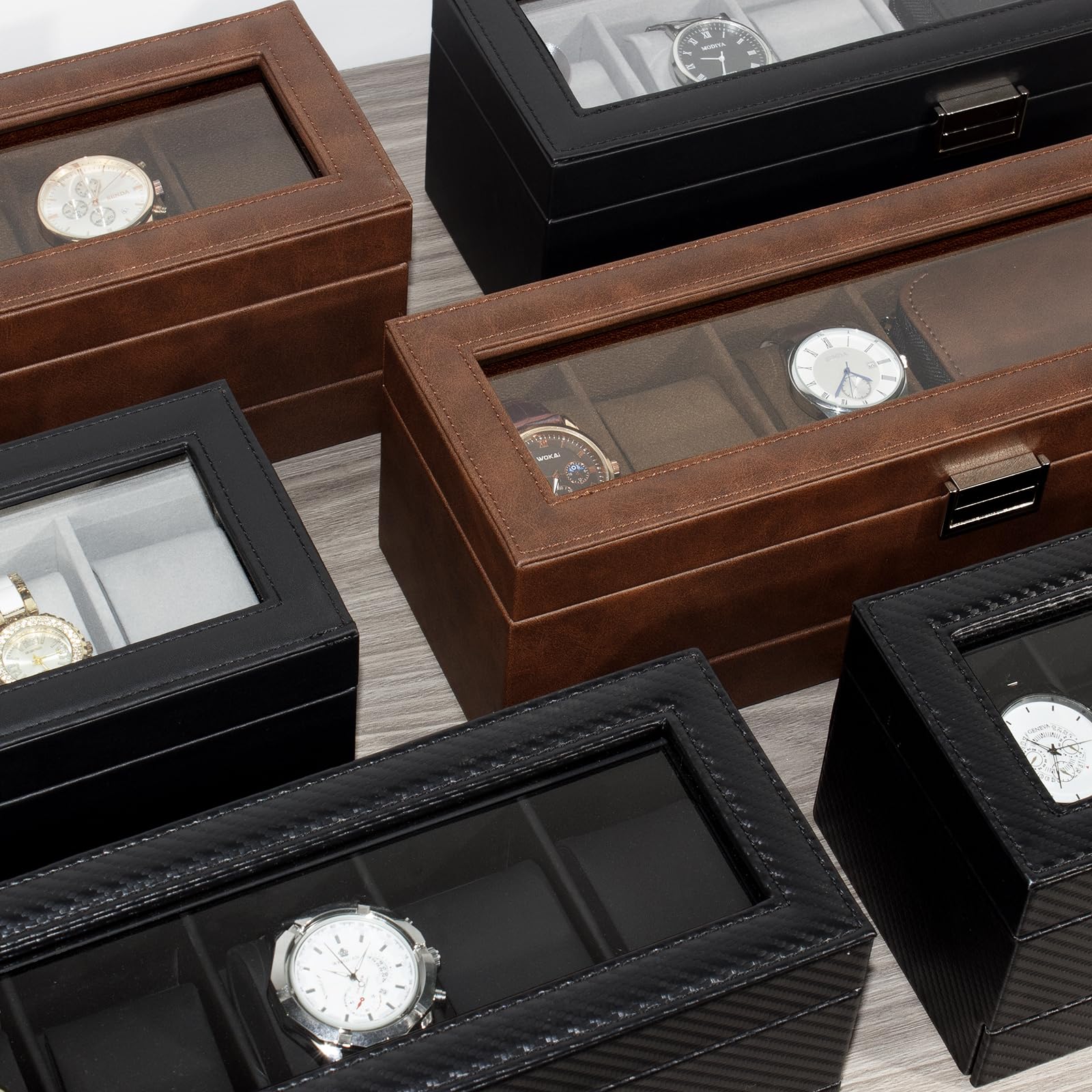 Premium 6-Compartment Watch Box with Glass Lid & Drawers - 2-Tier Jewelry & Watch Organizer for Men & Women - Perfect for Display, Storage & Travel