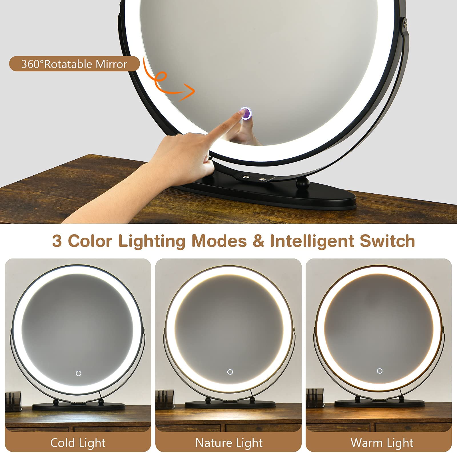CHARMAID Vanity Desk with Reversible Side Cabinet - Makeup Dressing Table with LED Mirror (3 Color Lights), 4 Drawers, Nightstand & Stool - Rustic Brown - Perfect for Bedroom, Dressing Room & Beauty Salon