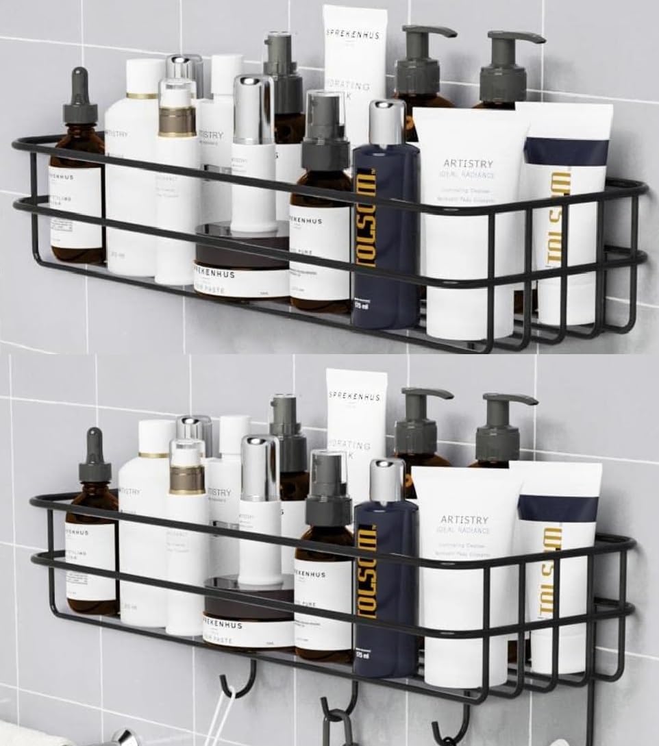 SaleOn Bathroom Shelf Organizer - 2 Pack Metal Wall Mounted Shampoo Rack with 4 Hooks & Adhesive Strips | Space Saving Bathroom Storage for Shower, Kitchen, Laundry Room & Dorm Organization
