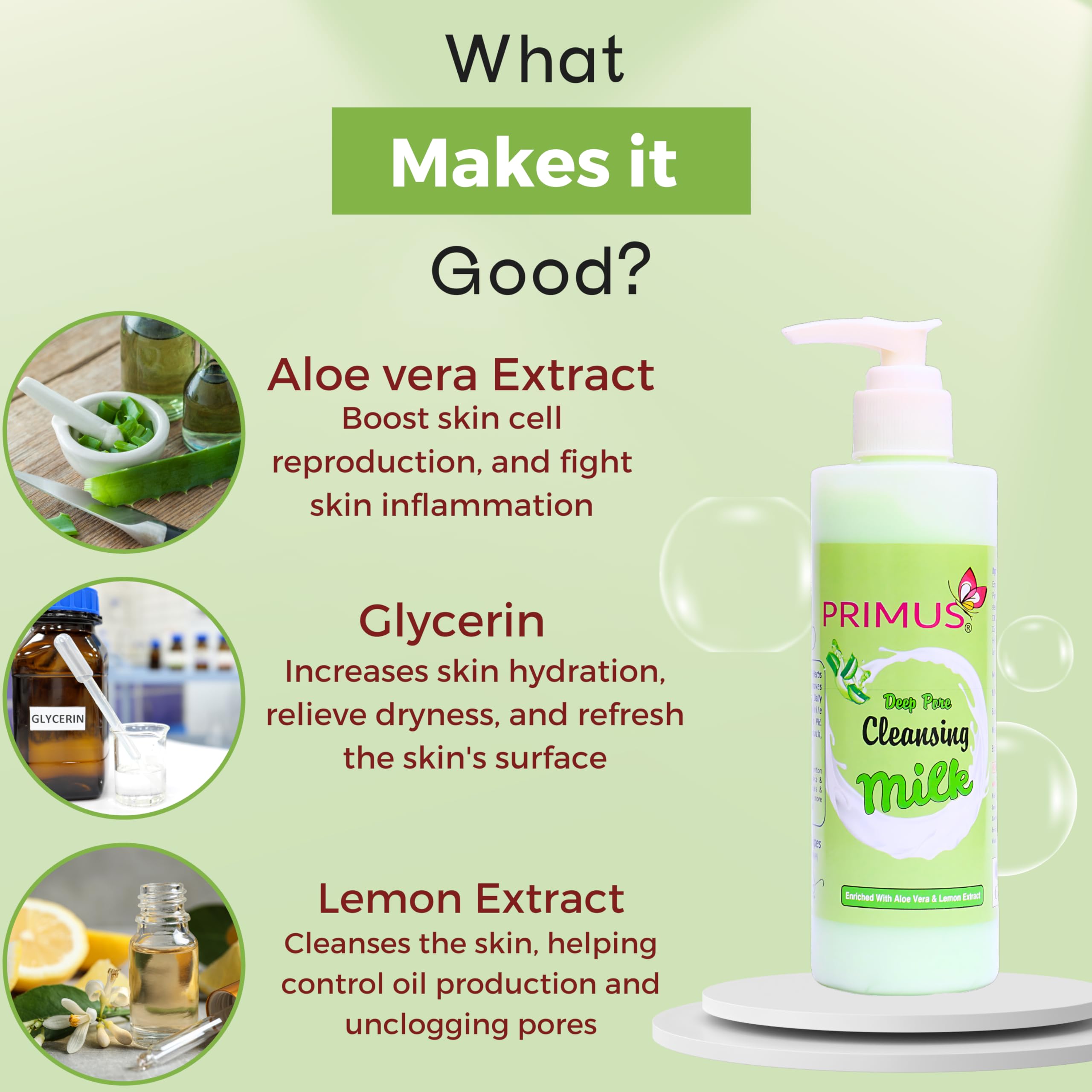 Primus Aloe Vera & Lemon Extracts Cleansing Milk - Ultra Clean & Refreshing Facial Cleanser | Makeup Remover & Daily Face Wash | 250ml | Perfect for Sensitive Skin & Post-Workout Refresh